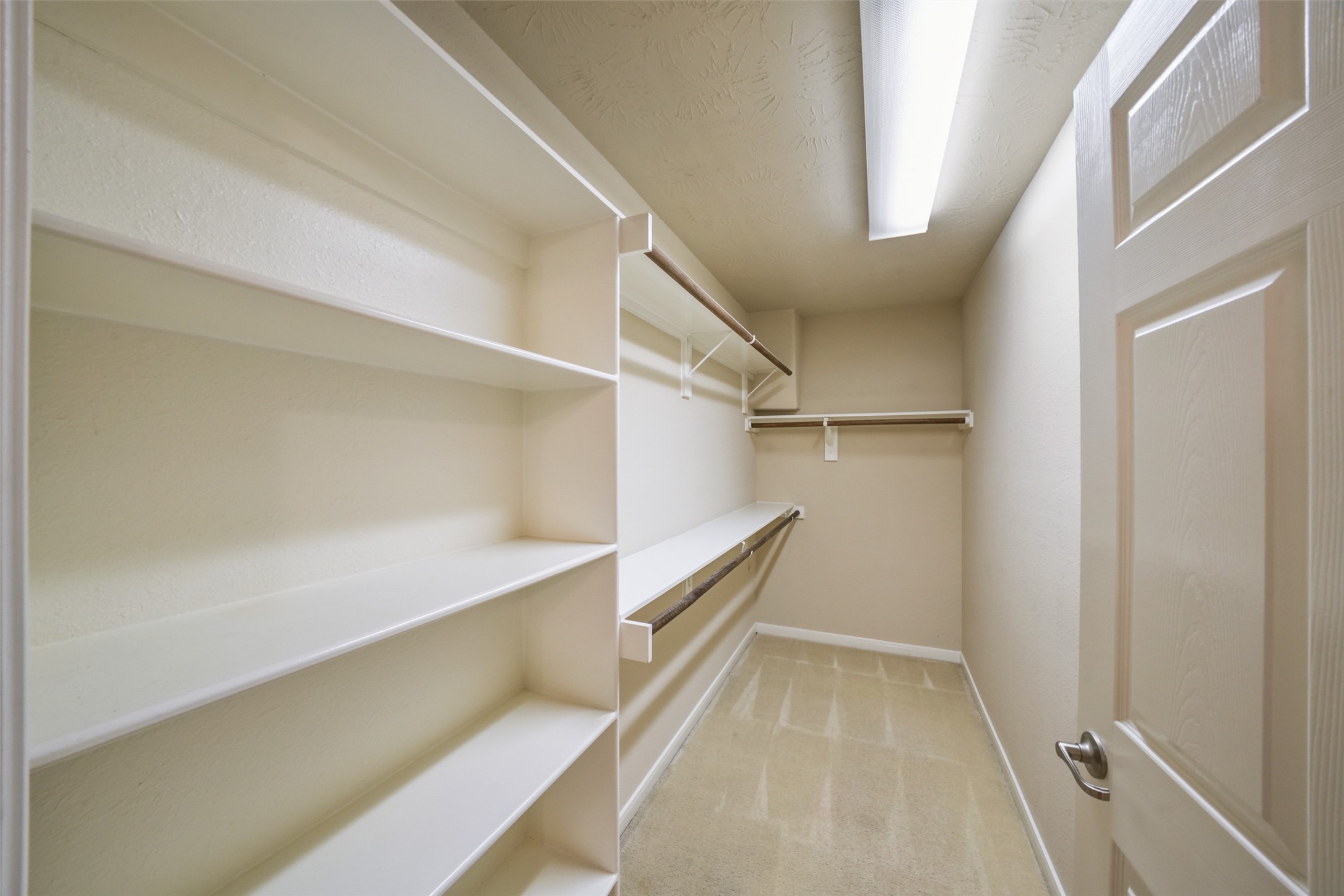 Spacious primary closet with built in shelves and plenty of hanging space.
