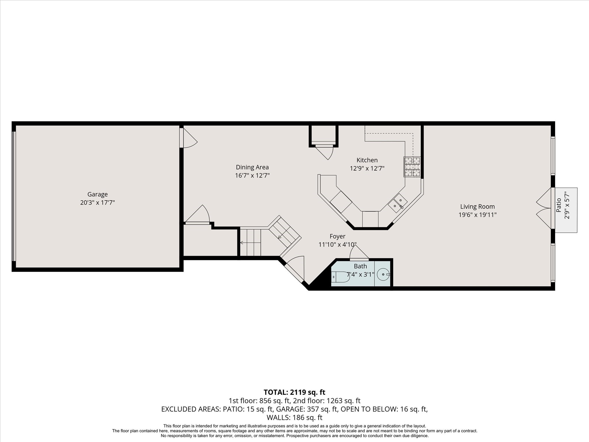 First-floor plan featuring open-concept living, dining, and garage access.