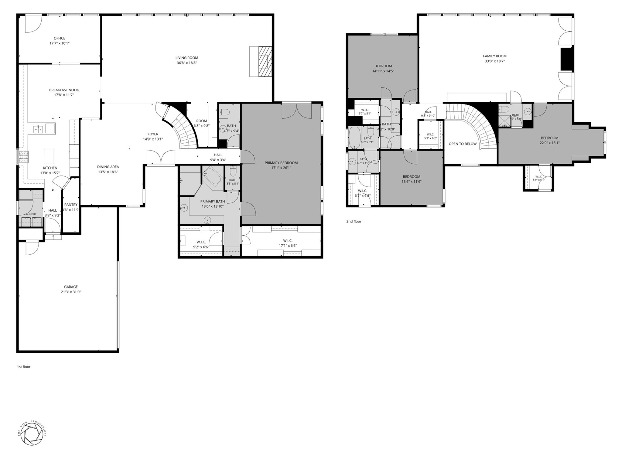 A spacious two-story layout featuring a first floor primary suite, dedicated office, generous living and dining areas, and a well-appointed kitchen with breakfast nook. Upstairs offers additional bedrooms, a large family room, and a private terrace overlooking the backyard.