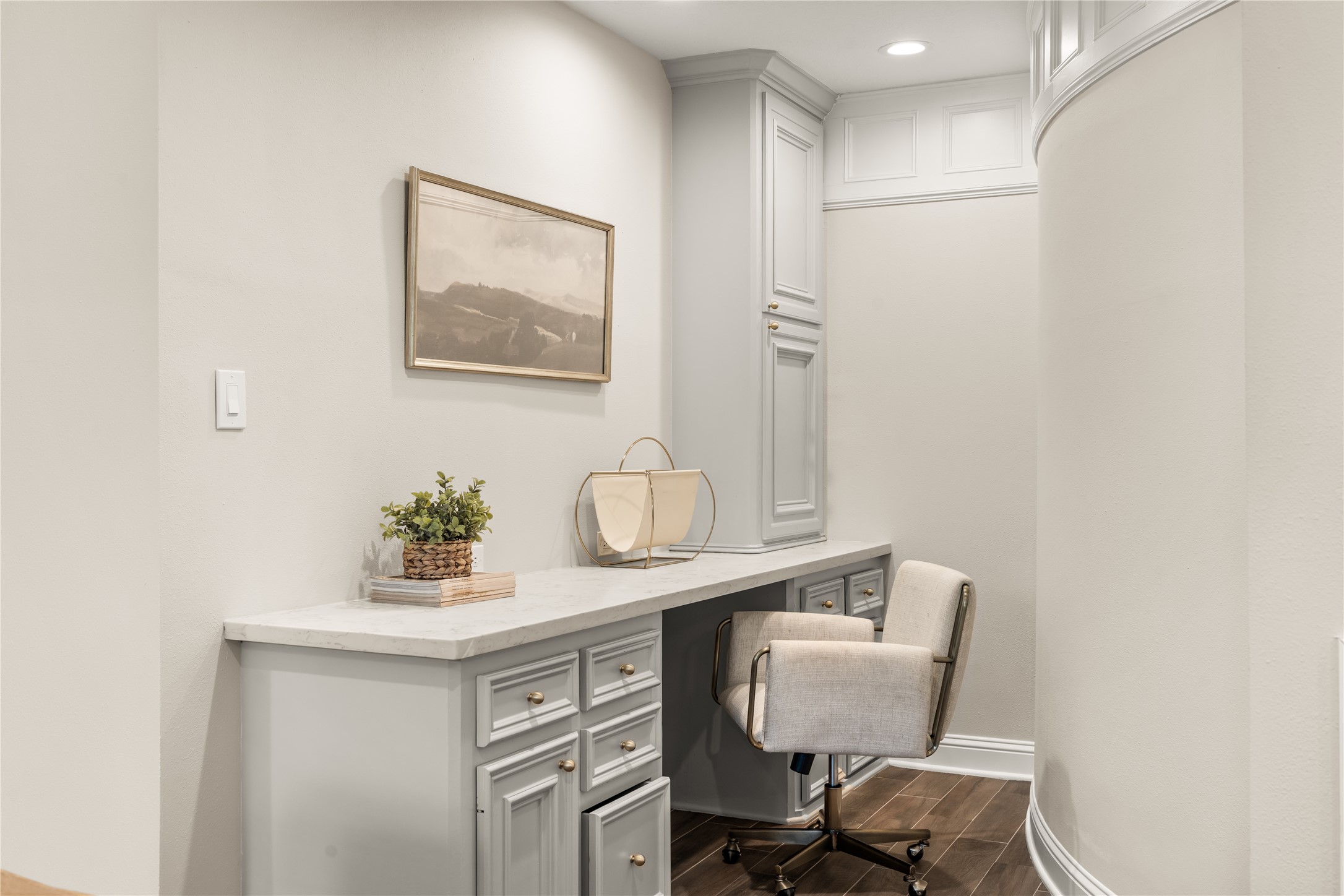 A thoughtfully designed built-in workspace provides a polished, dedicated setting for working from home, studying, or household organization.