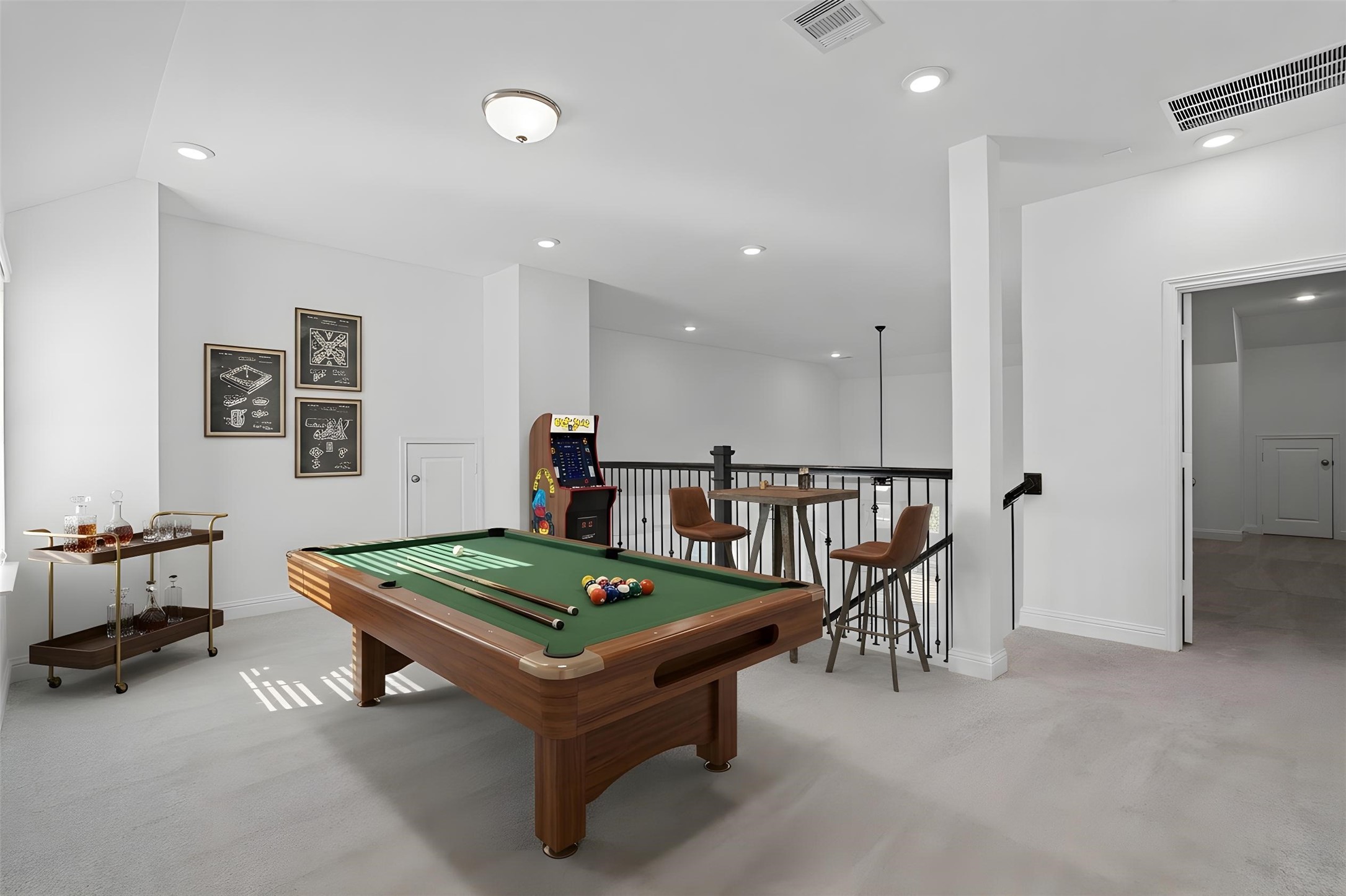 This generously sized game room offers plush carpet flooring, neutral-toned paint, high ceilings, and large windows with blinds for added comfort and tranquility. *Virtually Staged