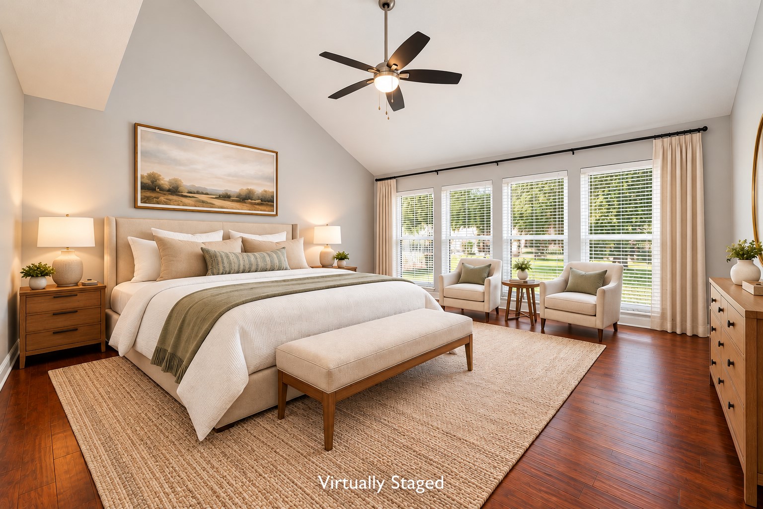 Your own private retreat! Tucked away on the first floor, this spacious Primary Bedroom features soaring vaulted ceilings reaching approximately 14 feet, rich engineered wood floors, and a beautiful wall of windows that fills the room with natural light. Generous proportions and a private en suite create a peaceful place to begin and end each day.