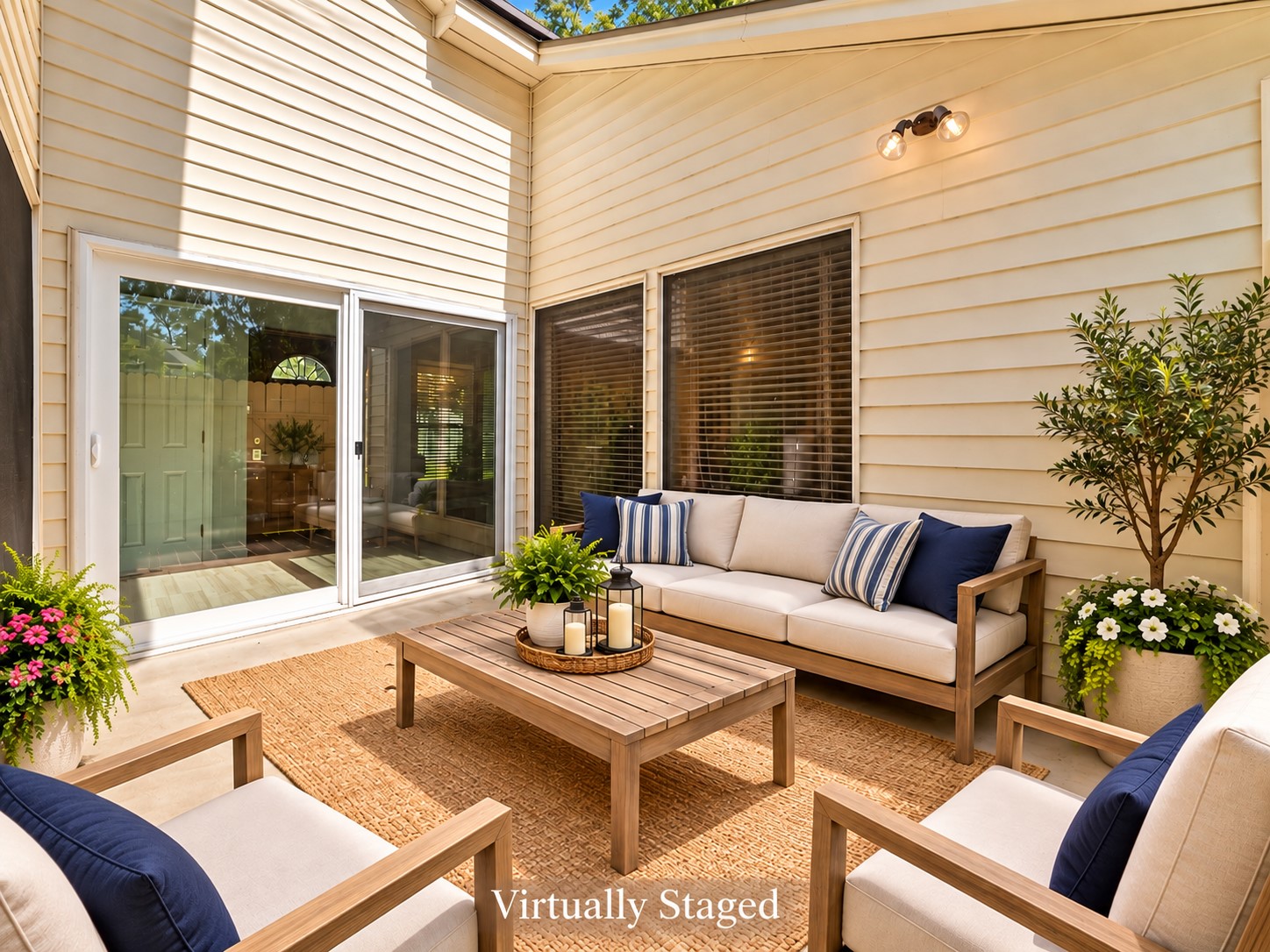 A private courtyard creates a charming extension of the home's living spaces. Surrounded by windows and accessible from the Foyer, this unique outdoor retreat offers a wonderful setting for morning coffee, quiet afternoons, or relaxing with friends.