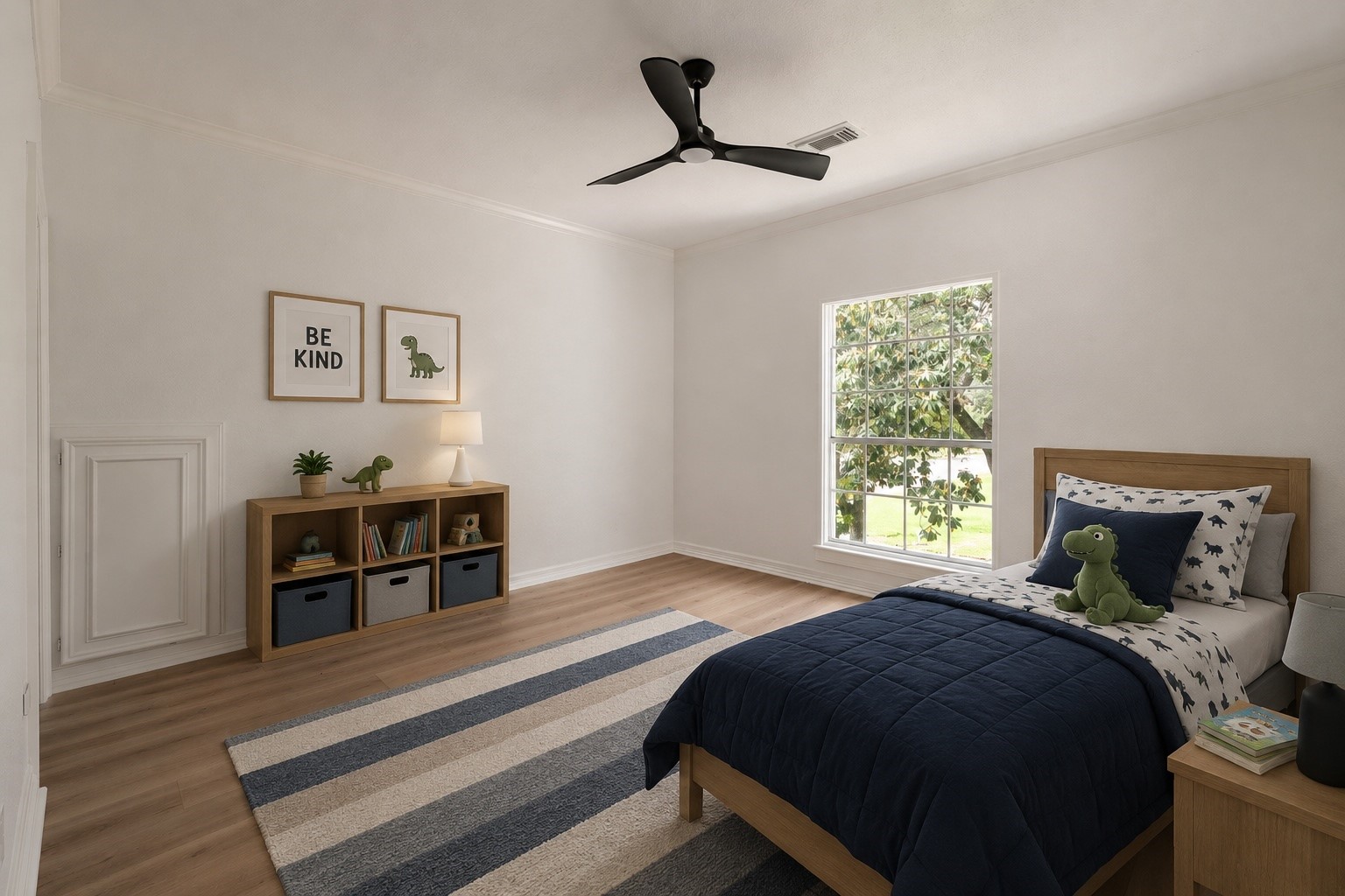 Additional secondary bedrooms feature neutral tones, updated flooring, and functional layouts designed for long-term flexibility. Oversized windows and contemporary ceiling fans contribute to the rooms clean and comfortable presentation. Positioned upstairs, the spaces remain separated from the primary suite. (digitally staged)