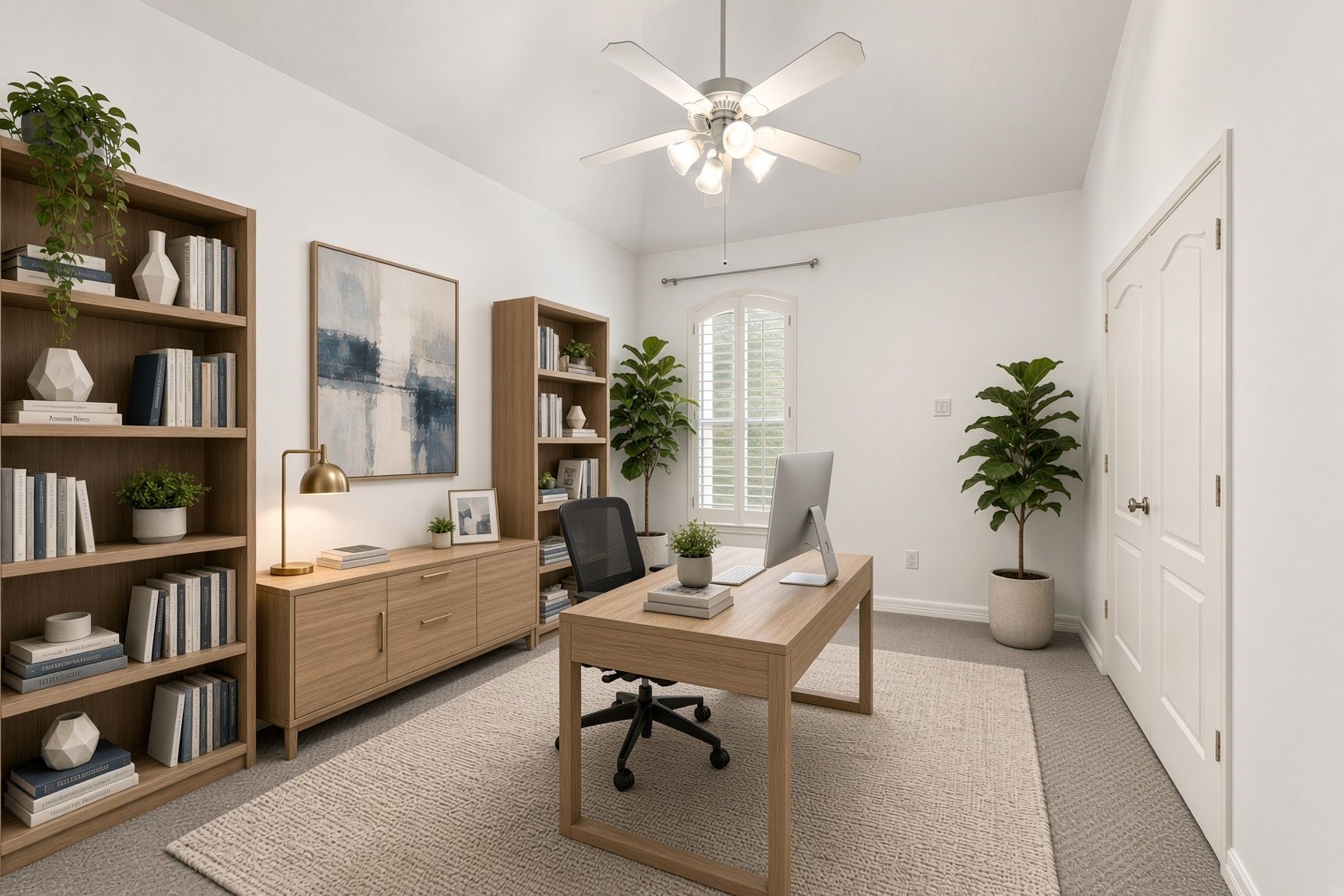 The third of the secondary rooms, features include a vaulted ceiling, arched window with plantation shutters & ceiling fan.  Suitable for a home office or bedroom. Virtually staged to demonstrate bedroom furniture placement as on office.