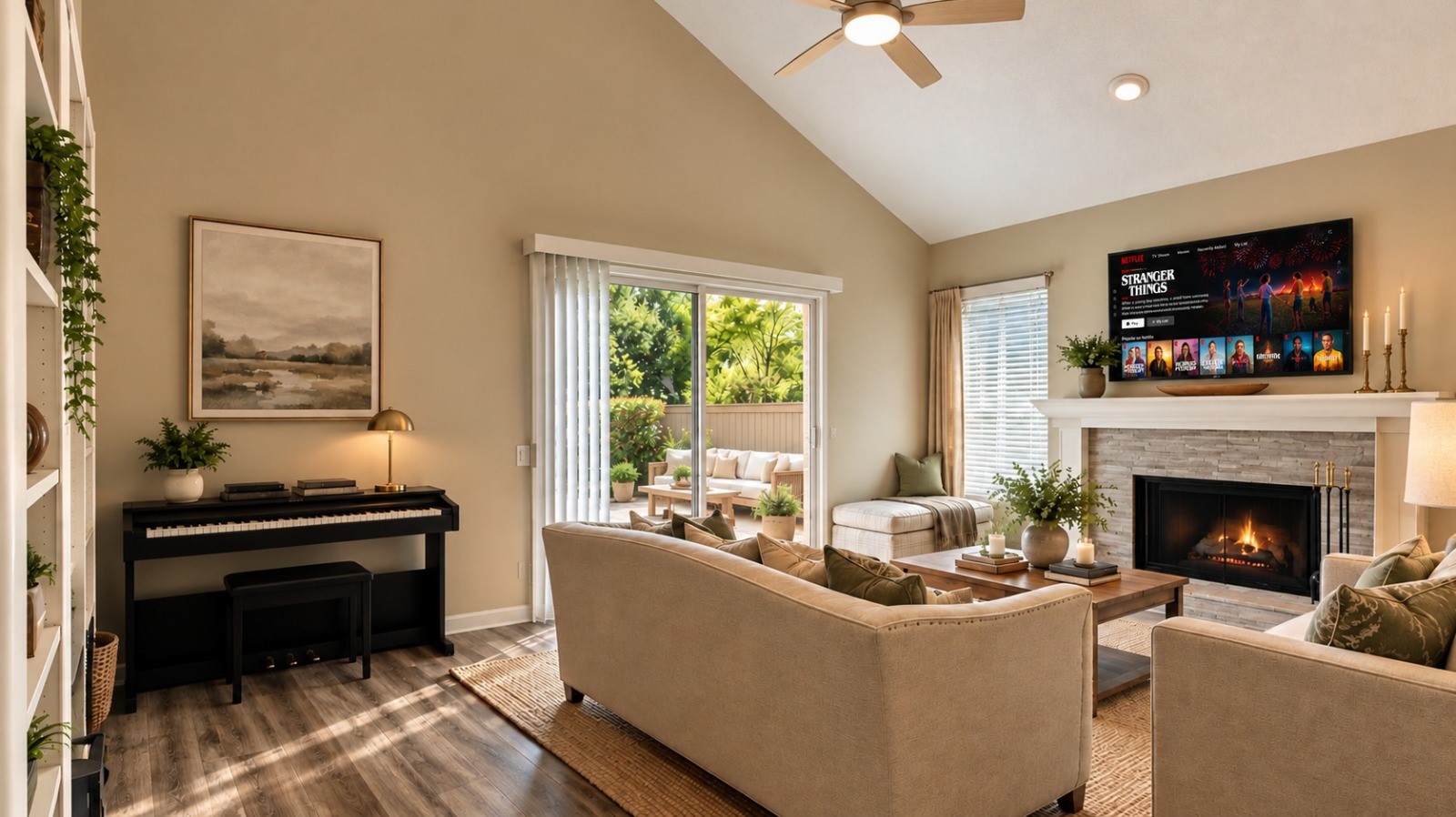 Open-Concept Living and Dining Area: Bright open-concept living and dining space featuring wood-look flooring, a dedicated dining area, sliding glass doors, and a seamless flow for everyday living and entertaining.