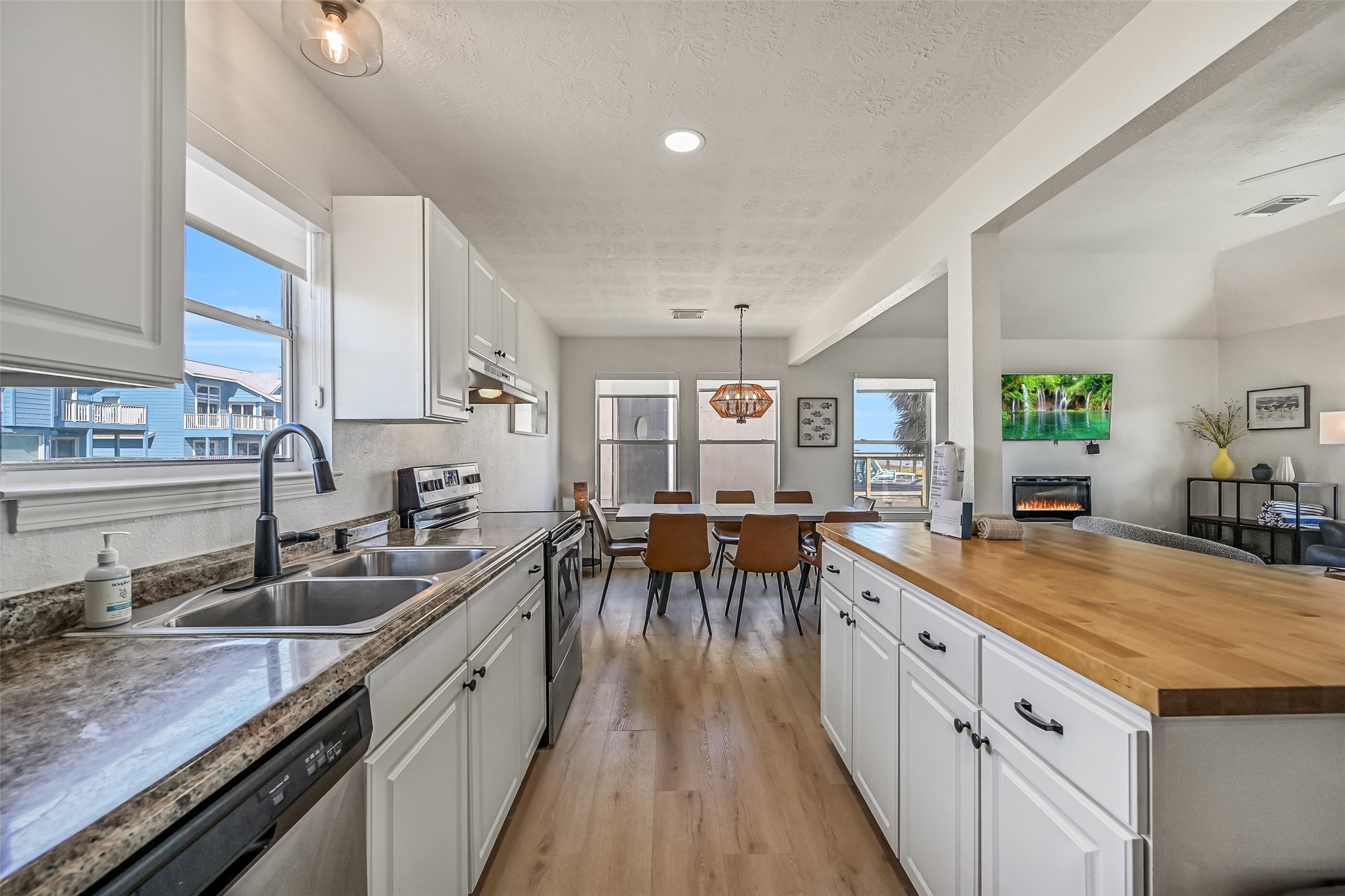A view of the kitchen looking towards the dining room.