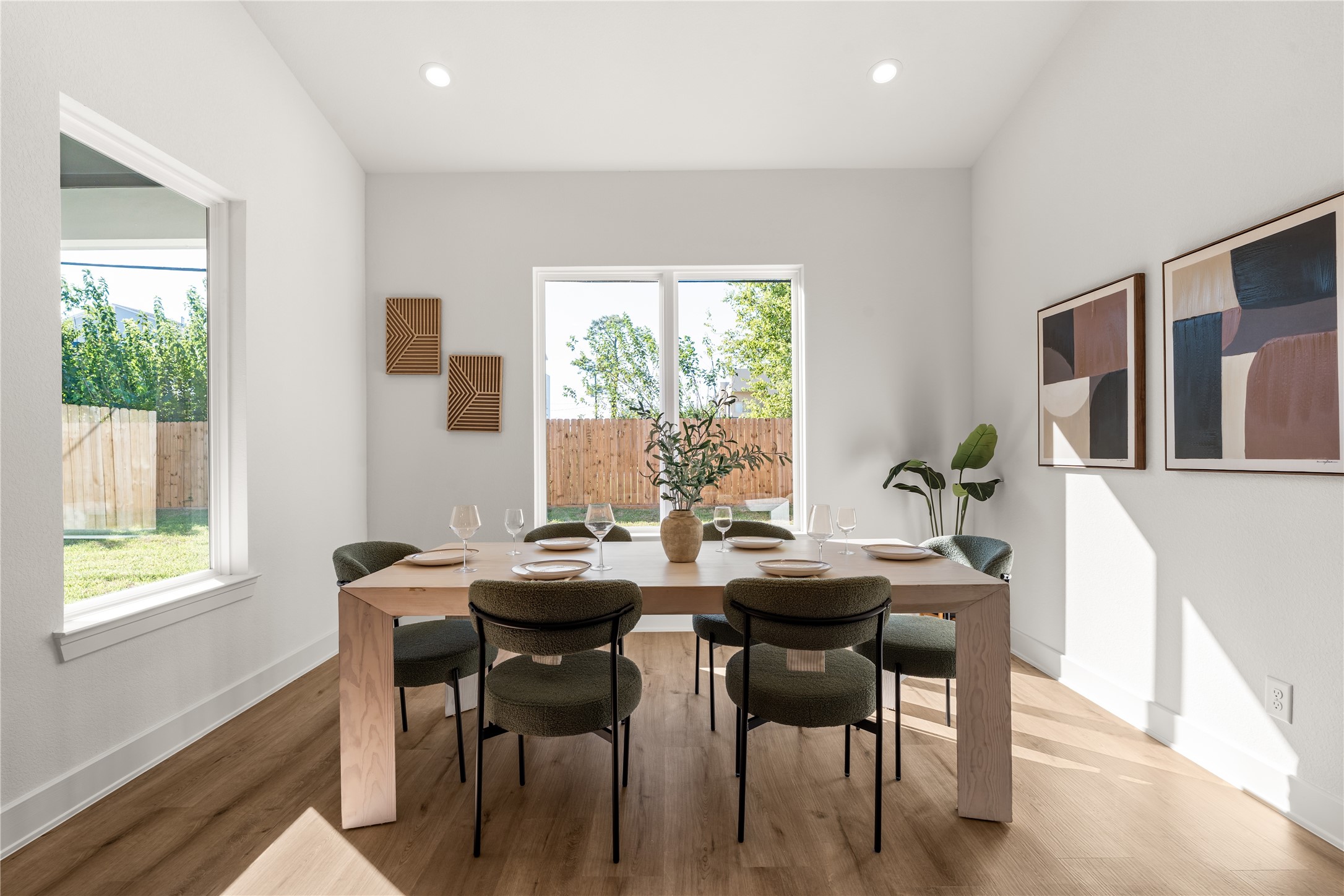 Sunlight and garden views provide a beautiful backdrop for everything from leisurely weekend brunches to intimate dinner parties.