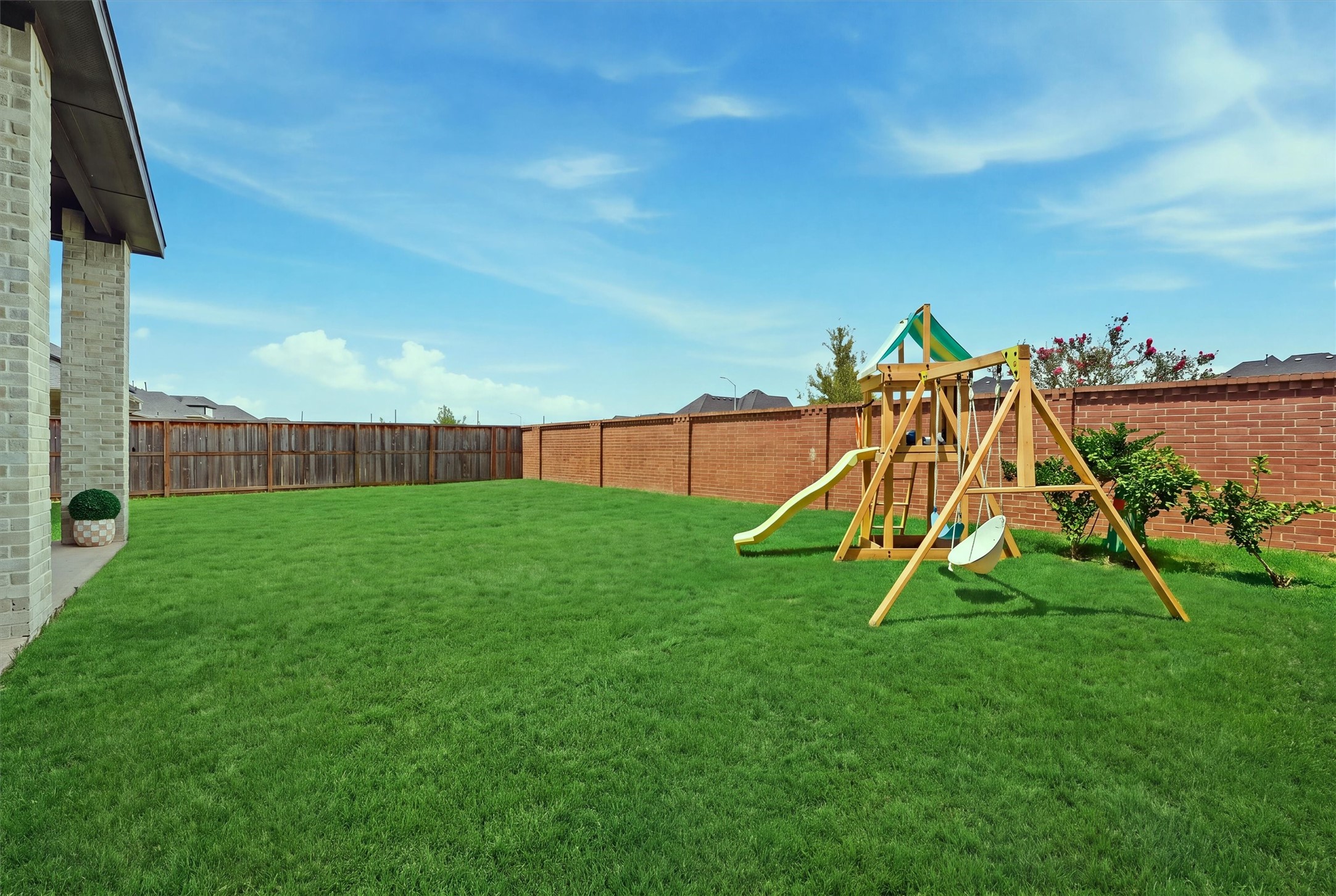 Experience the perfect blend of relaxation and recreation in a fully fenced backyard, boasting a lush green lawn and ample space for play, pets, and entertaining. No backyard neighbors!