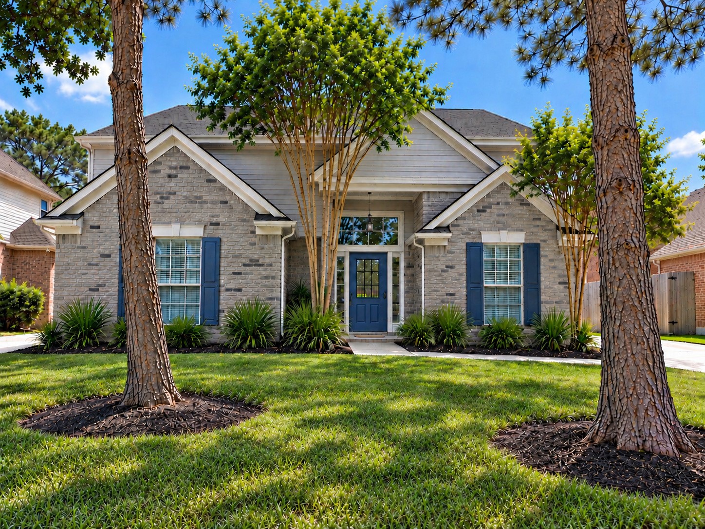 Beautifully renovated home featuring stunning curb appeal, mature trees, fresh exterior paint, and updated landscaping.