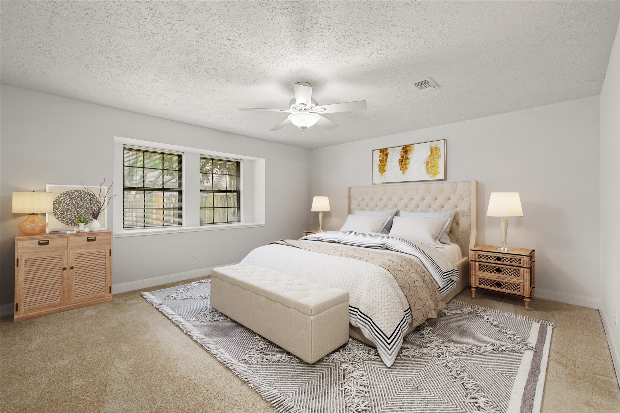 This serene primary suite serves as a true private retreat, offering a spacious and tranquil sanctuary designed for ultimate relaxation. Bathed in natural light from expansive windows, the room features a clean, modern aesthetic with a calming neutral color palette. *Virtually Staged