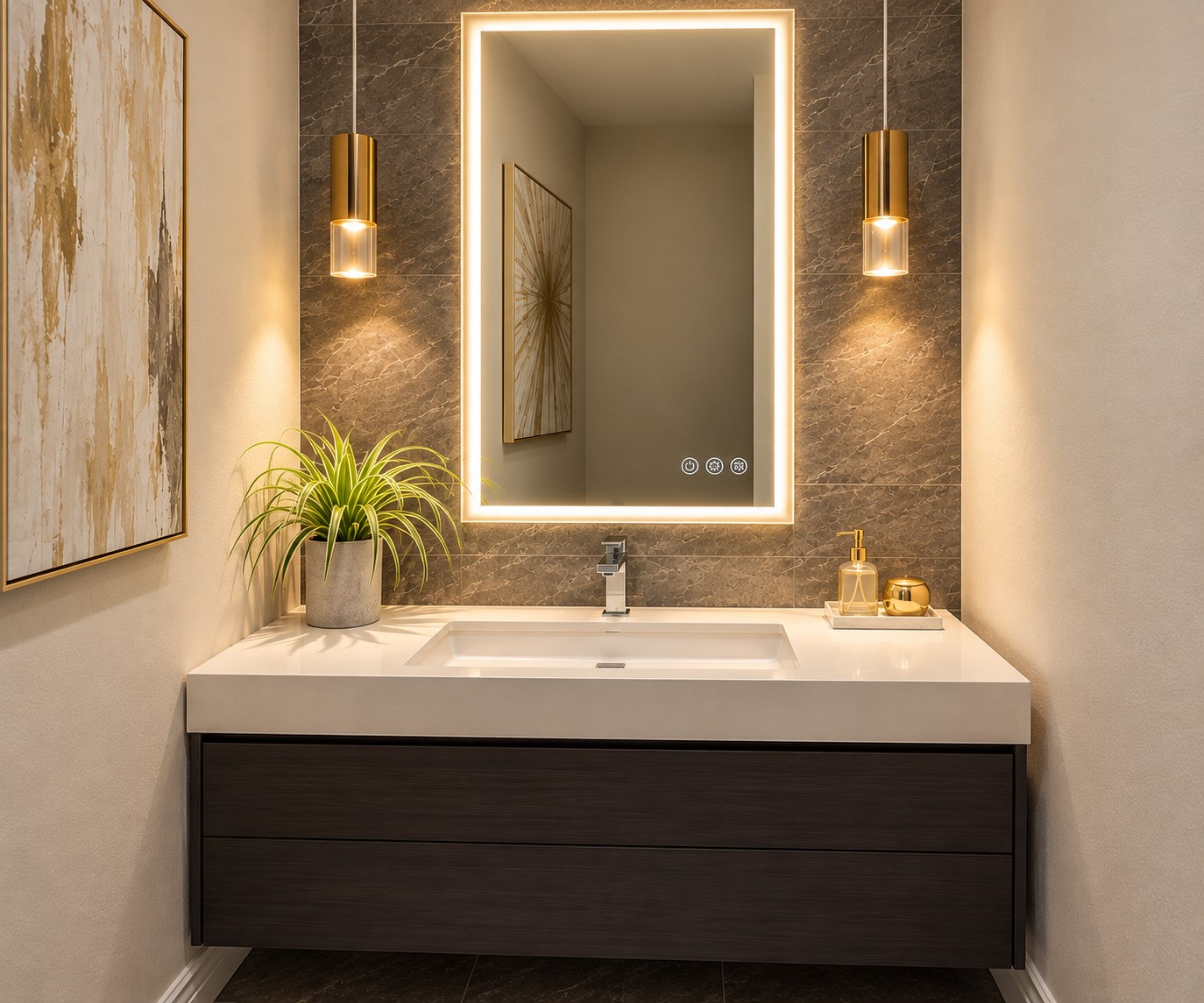 The contemporary powder bath pairs a streamlined vanity with dramatic tile, illuminated mirror and modern pendant lighting.