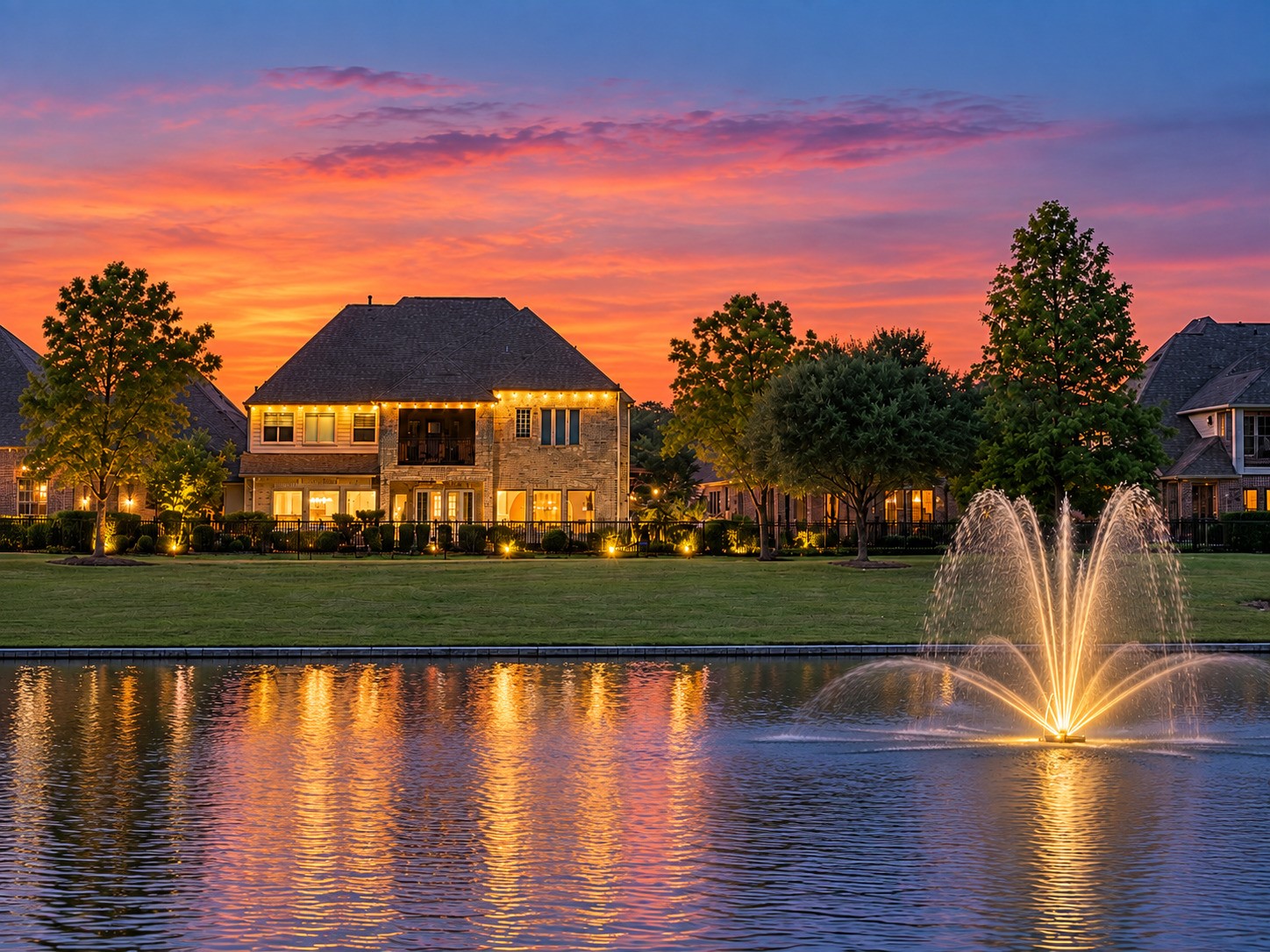 The home enjoys a scenic waterfront setting with tranquil fountain views and a beautifully illuminated rear exterior.