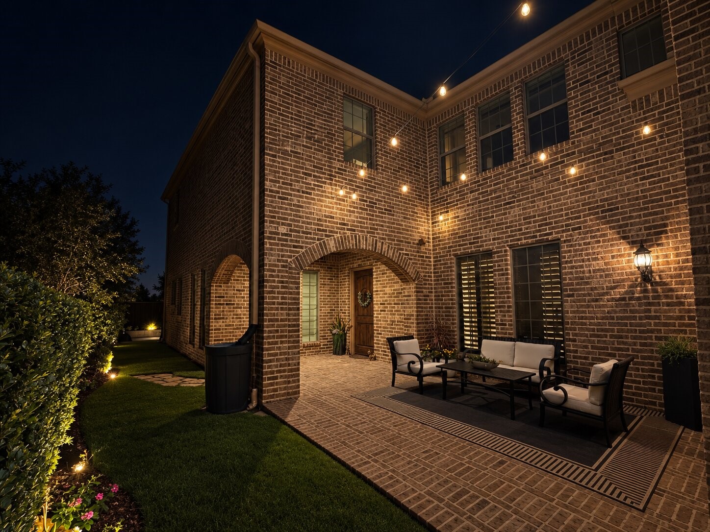 An inviting brick front courtyard with string lighting and comfortable seating provides a private space for outdoor relaxation.