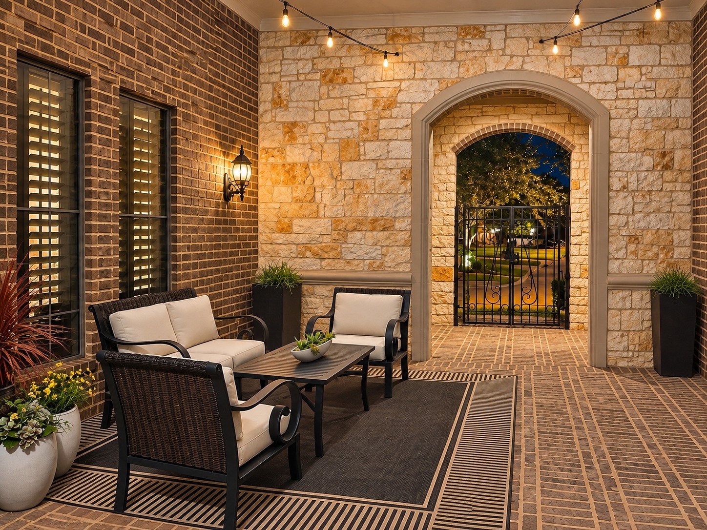 Arched stonework, a wrought-iron gate and a seating area give the courtyard character and functionality. An alternate seating area to unwind.