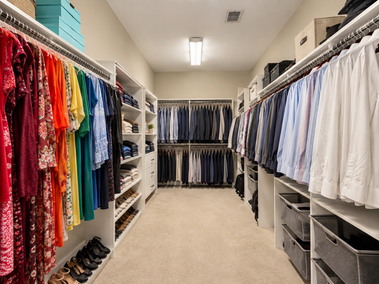 The walk-in closet offers extensive hanging space, built-in shelving and dedicated shoe and accessory storage.