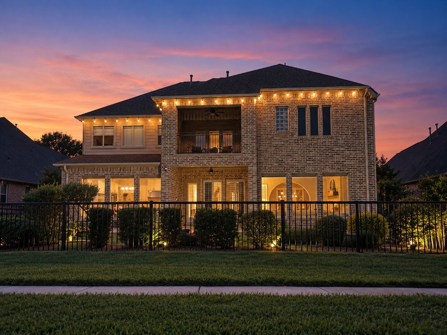 The two-story rear elevation showcases an upper-level balcony, expansive windows and direct views of the lake.