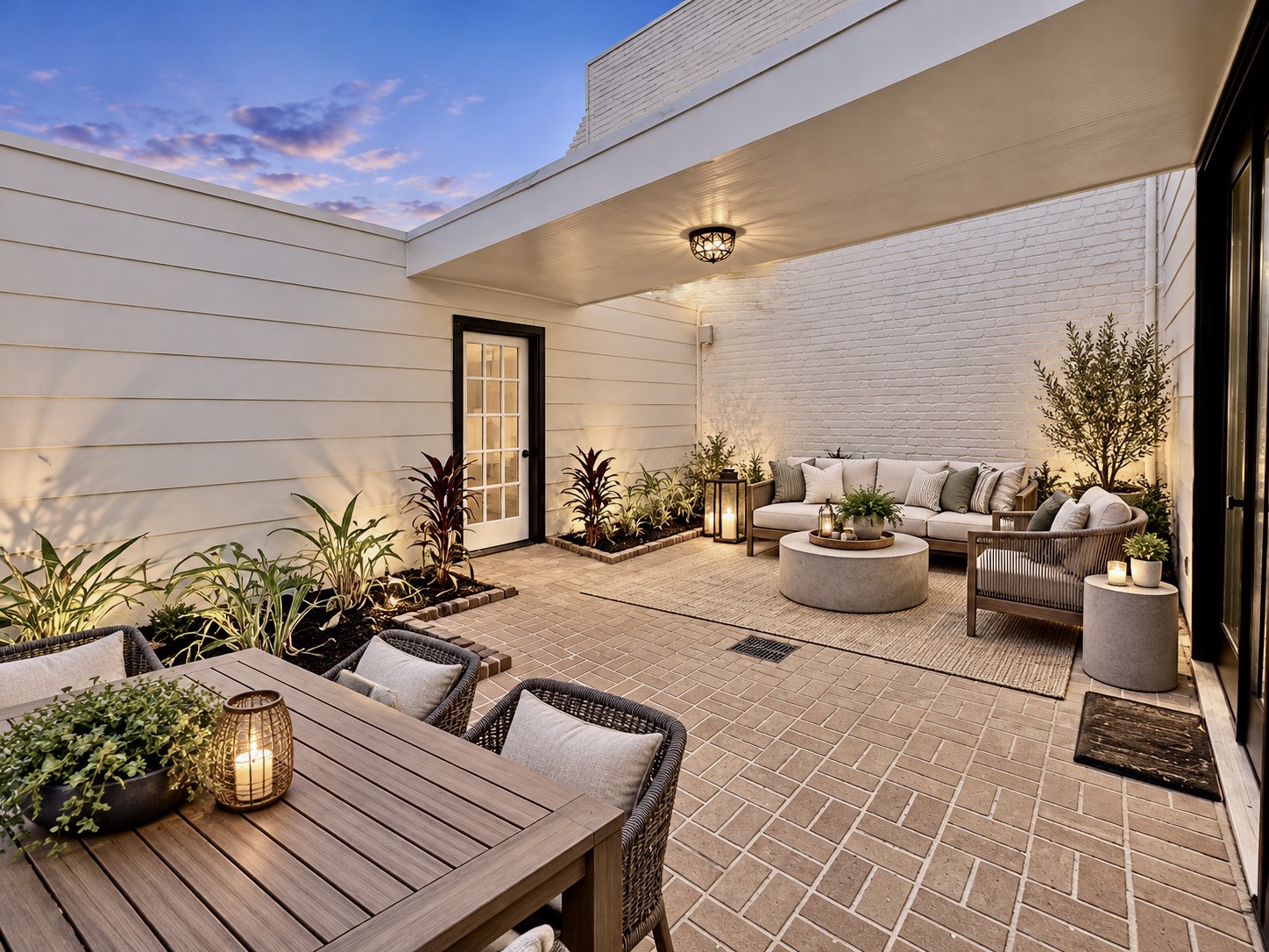 *Virtually Staged* This is one option for how to use this courtyard space.  Please note...the ground lighting and the plants have been enhanced.