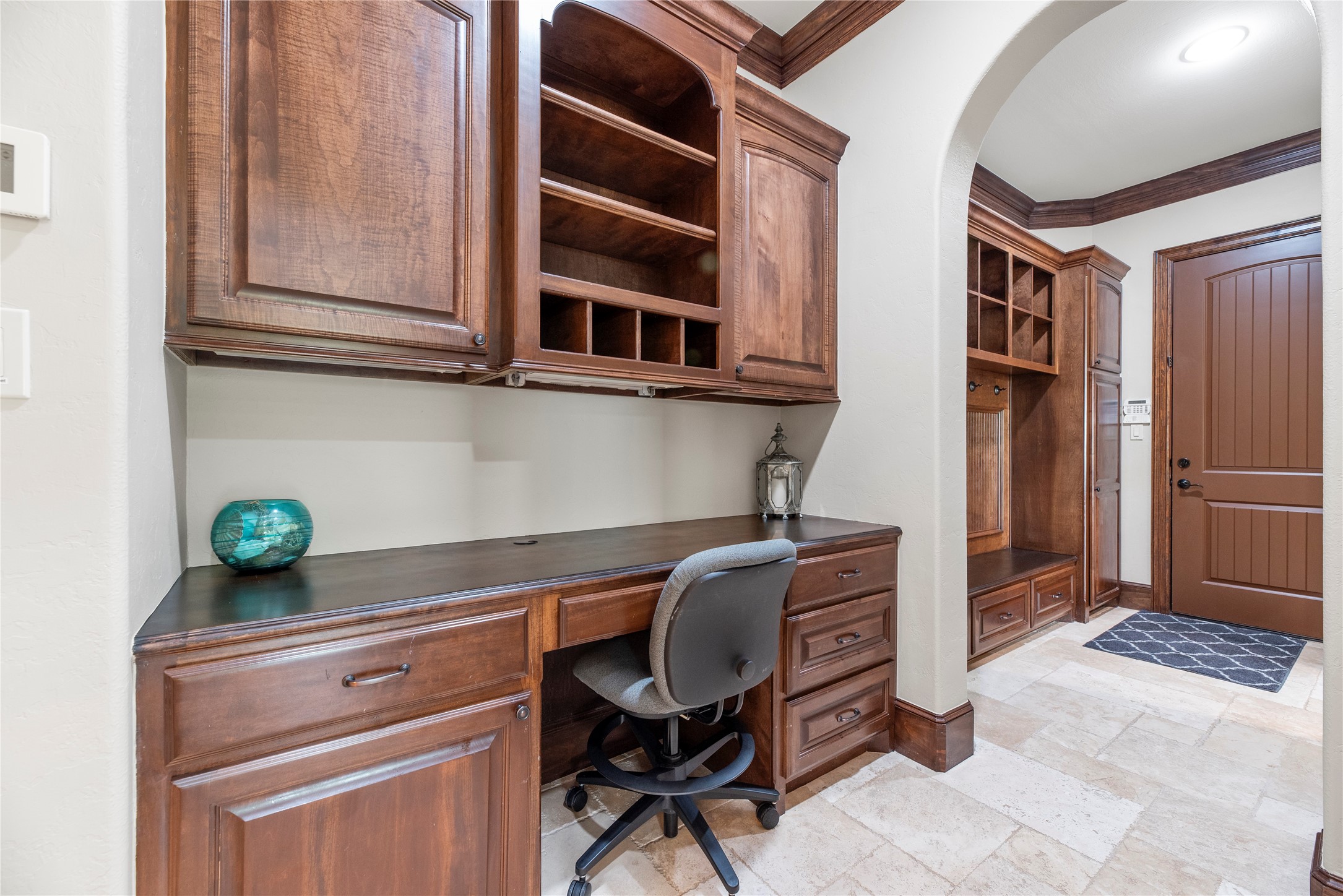 Desk right by the kitchen