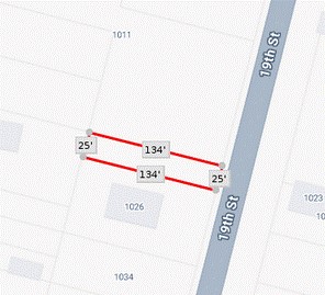 This image shows a plot map highlighting a rectangular lot on 19th Street, measuring 25 feet in width and 134 feet in depth. This image shows a plot map highlighting a rectangular lot on 19th Street, measuring 25 feet in width and 134 feet in depth.