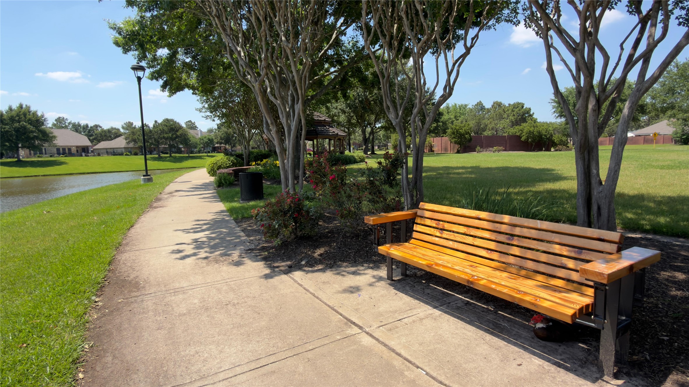 Peaceful community seating area surrounded by nature.