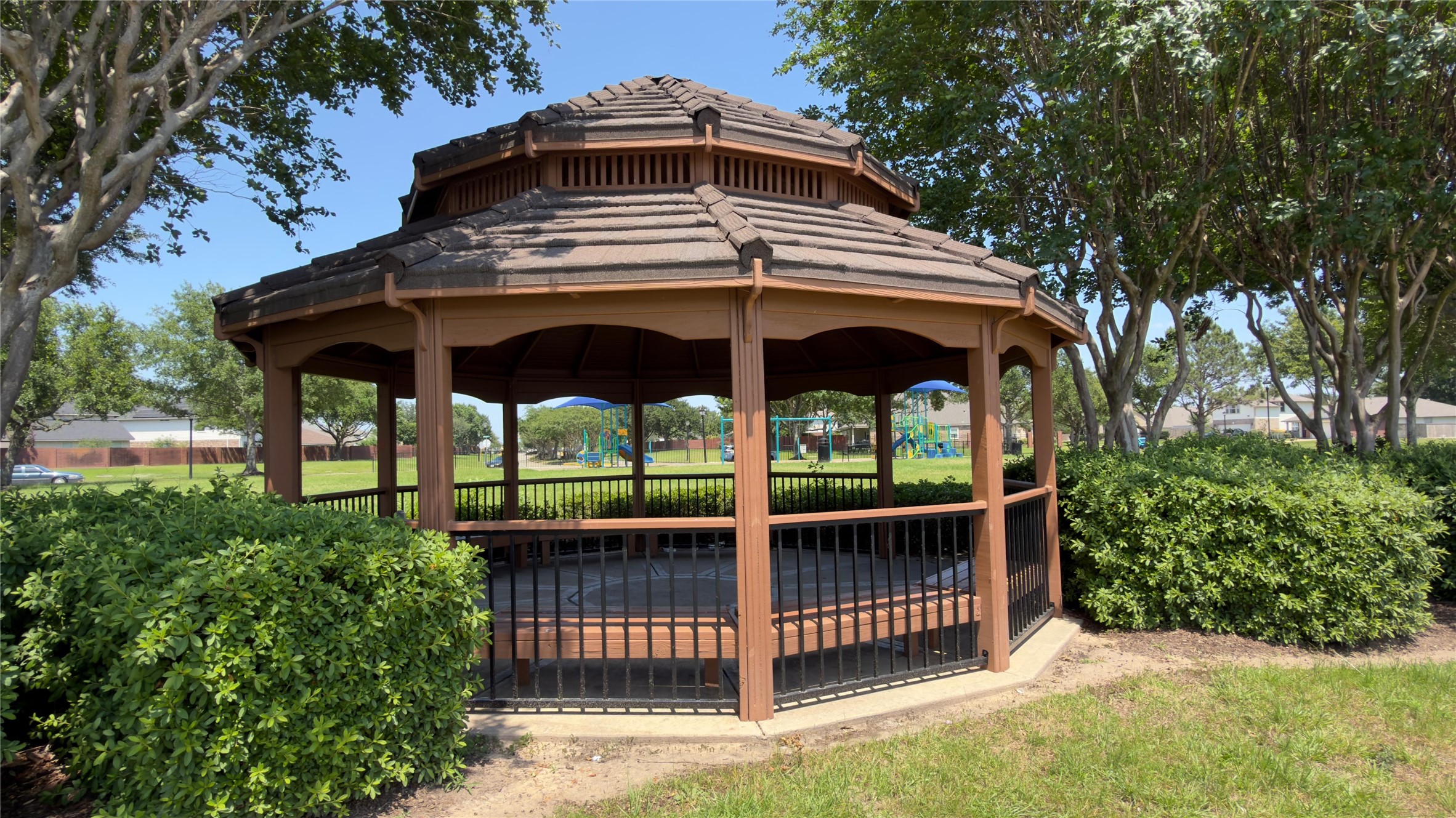 Charming community gazebo ideal for relaxing or celebrations.