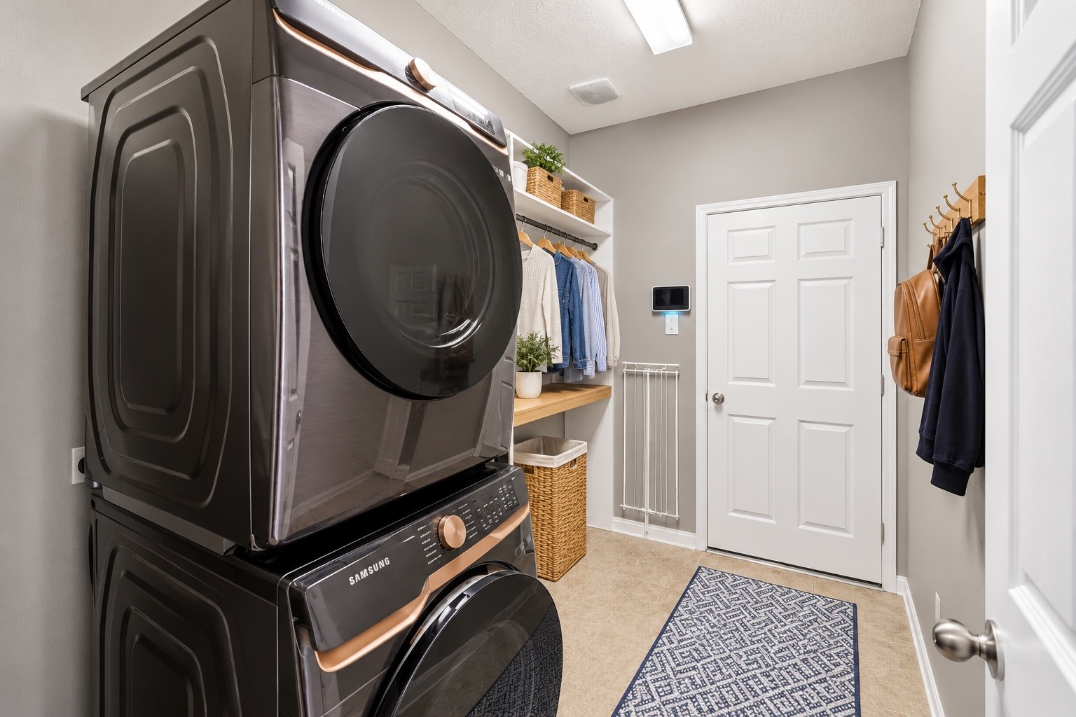 This thoughtfully designed laundry room is just off the foyer & garage. It doubles as a Mud Room and offers a counter & hanging space.