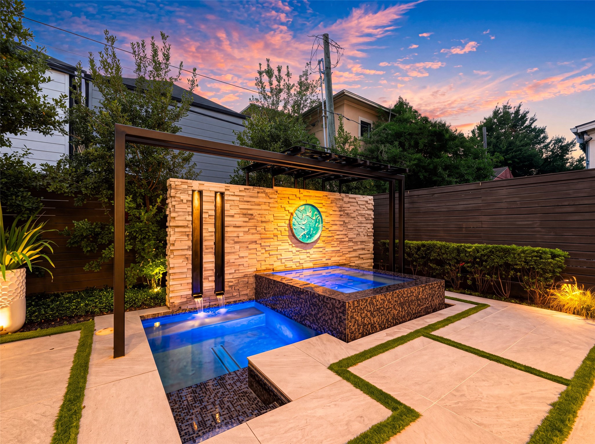In 2024, the outdoor living space was beautifully transformed with the addition of a plunge pool, spa, and outdoor kitchen, all complemented by thoughtfully designed and professionally executed landscaping that creates a private, resort-style retreat. In 2024, the outdoor living space was beautifully transformed with the addition of a plunge pool, spa, and outdoor kitchen, all complemented by thoughtfully designed and professionally executed landscaping that creates a private, resort-style retreat.