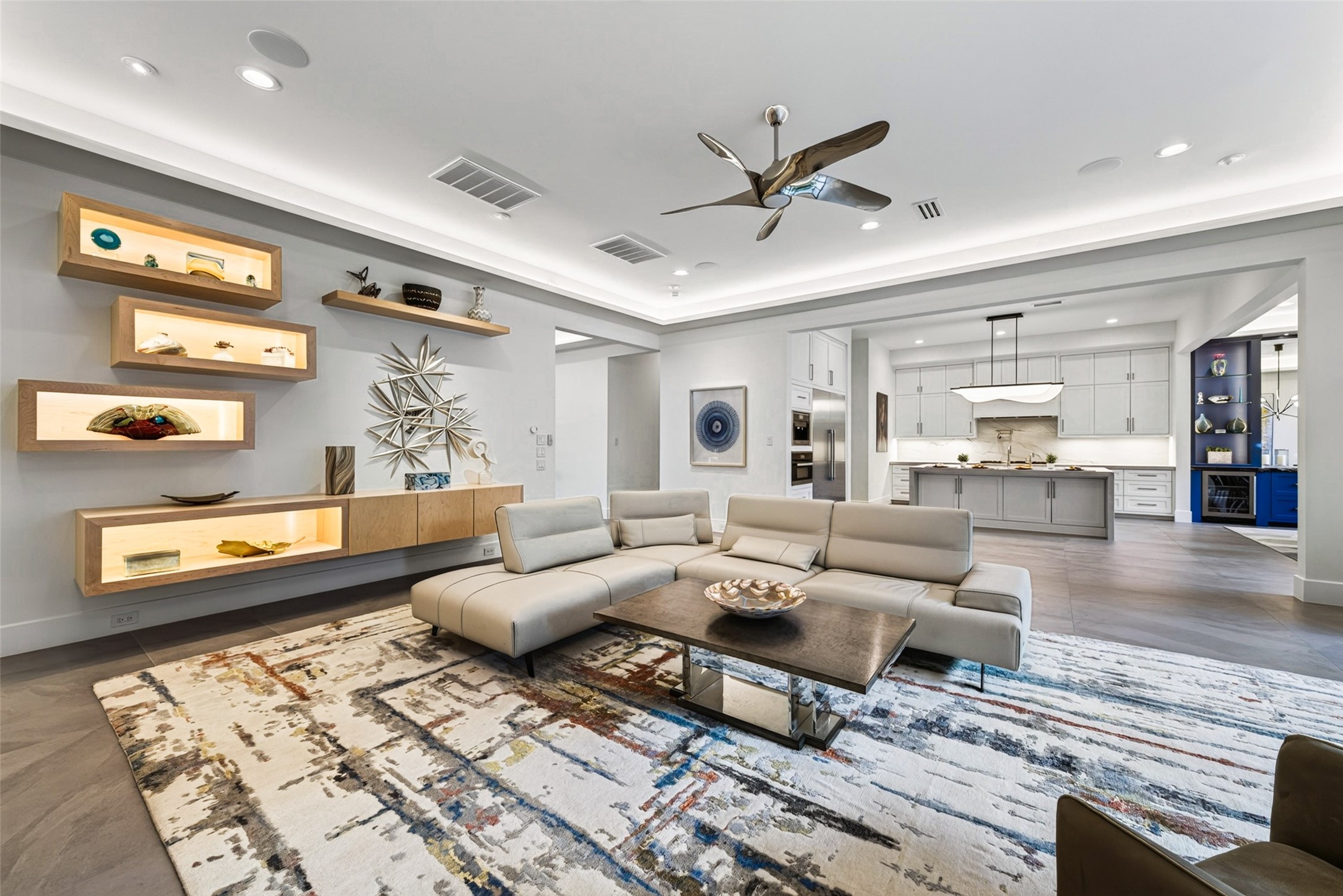 The custom designed floating sculpture display boxes and cabinets were designed by Laura Thompson (Laura Thompson Design Company) and added in 2024.