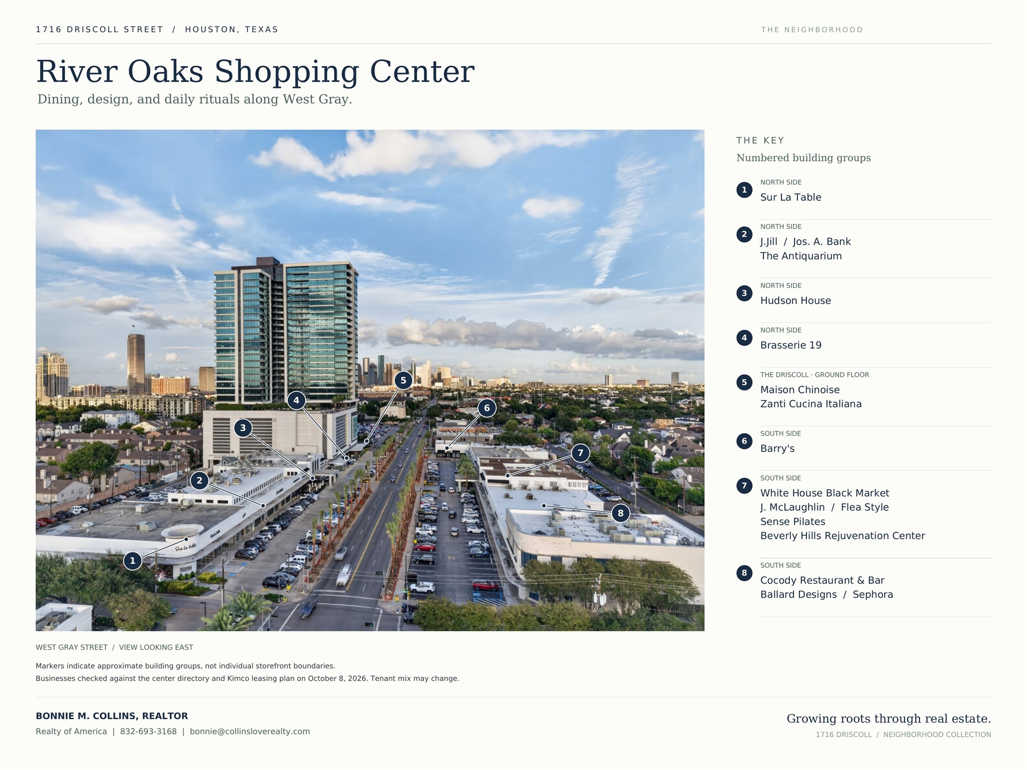 From dinner at Brasserie 19 or Zanti, to shopping at Sur La Table and Ballard Designs, River Oaks Shopping Center brings dining, design, and everyday enjoyment just blocks from home. The numbered key highlights businesses along the West Gray corridor.