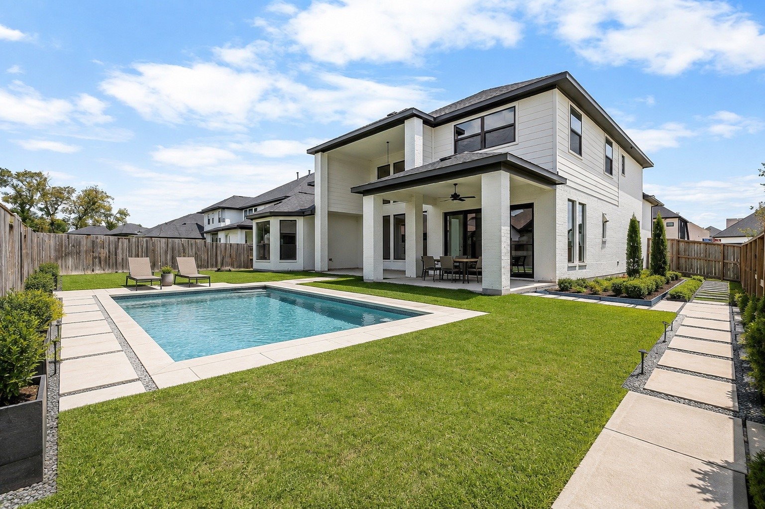 Spacious backyard with lush green lawn. Pool and hardscape shown are digitally rendered for visualization purposes only and are NOT existing features of the property.