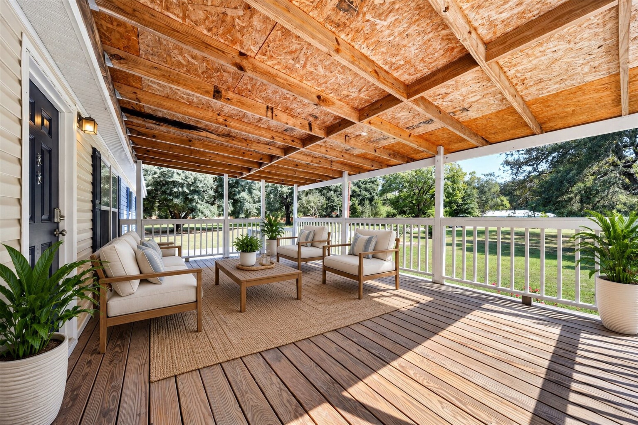 Virtually staged covered deck showcasing the potential for outdoor seating, dining, and entertaining.