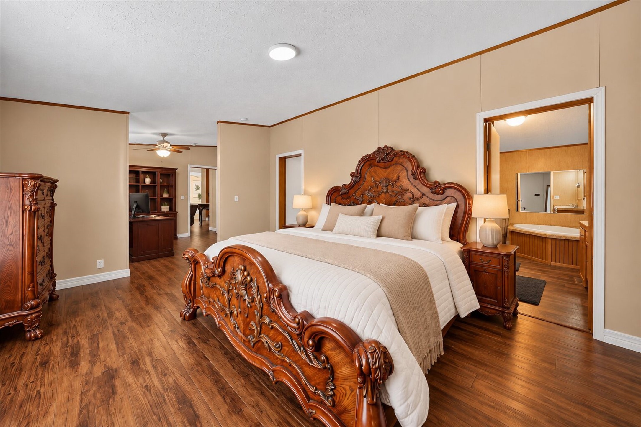 Virtually staged bedroom highlighting its generous size and flexible layout.
