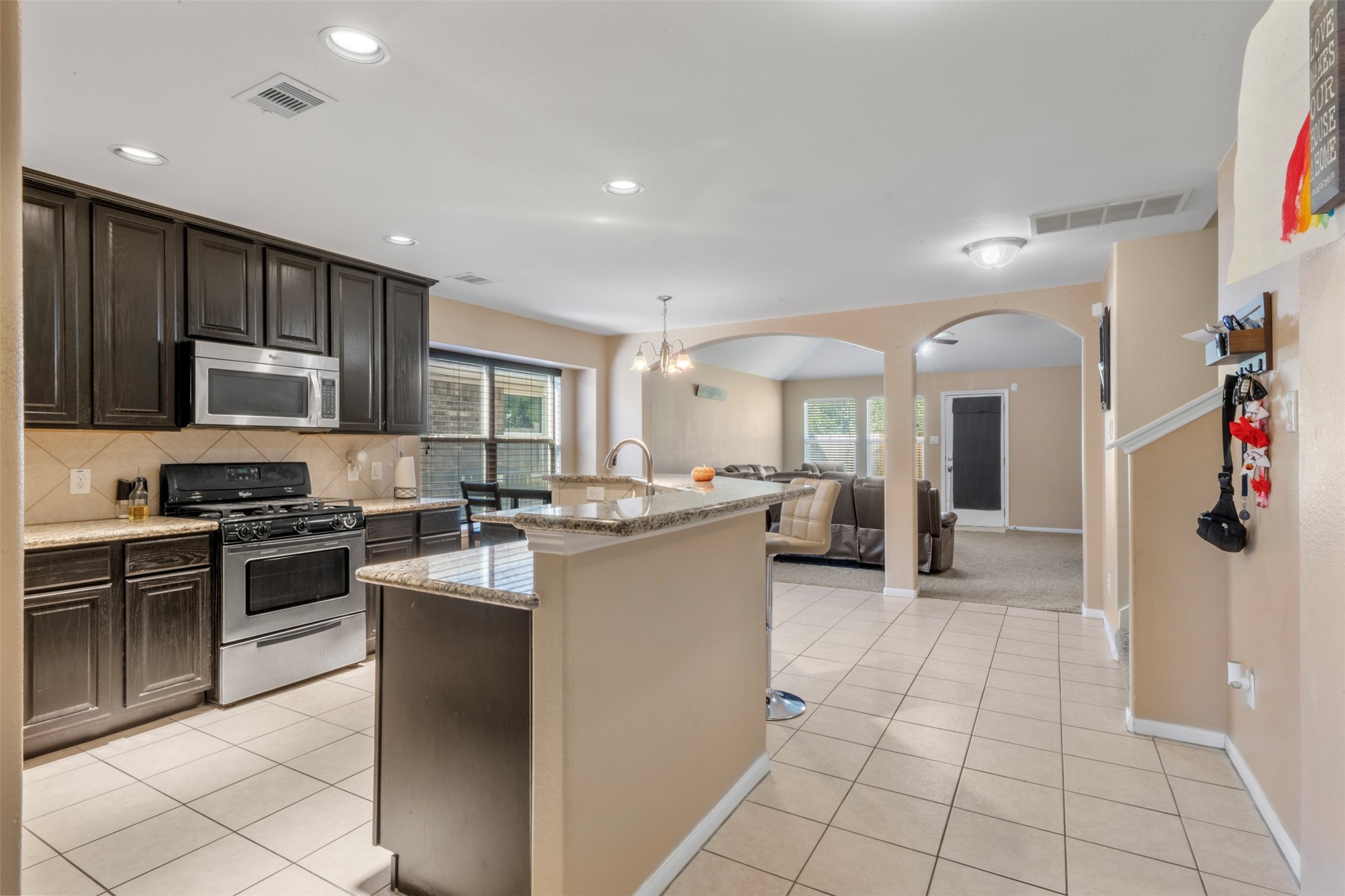 Kitchen with view of the living room in the back.