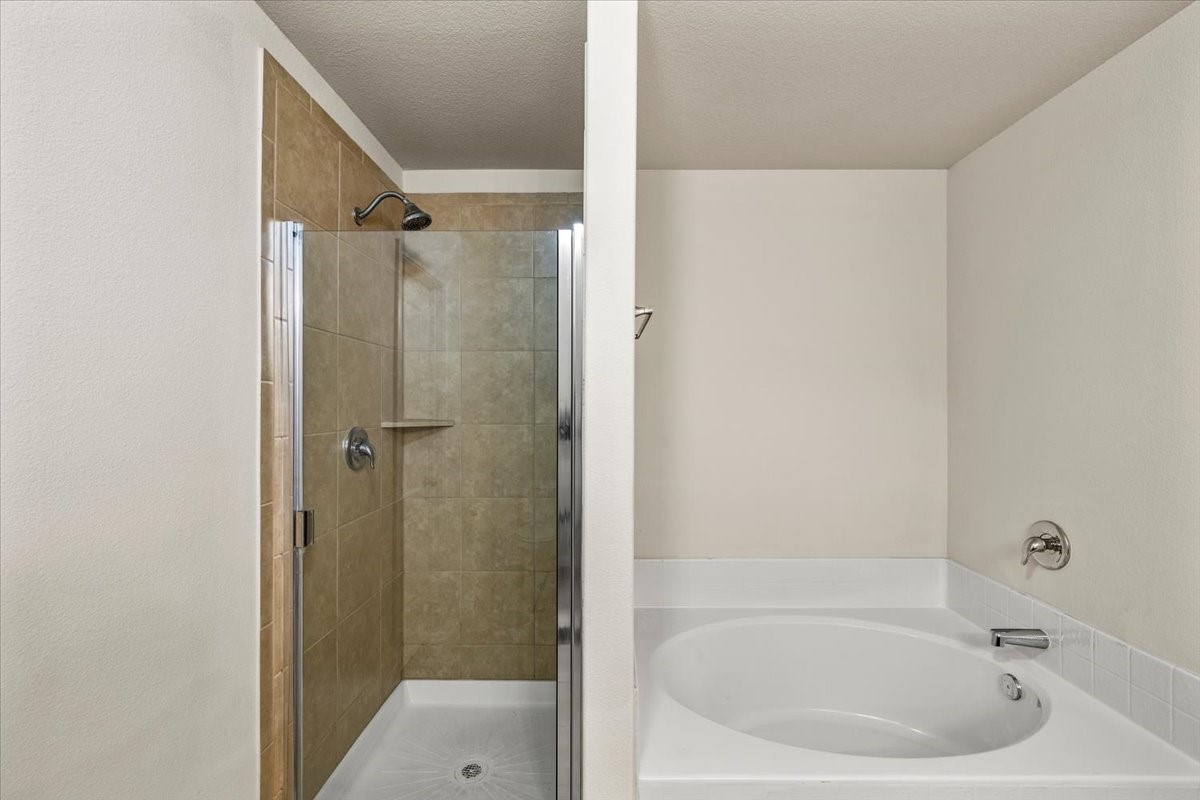 Primary bathroom with tub and stand up shower