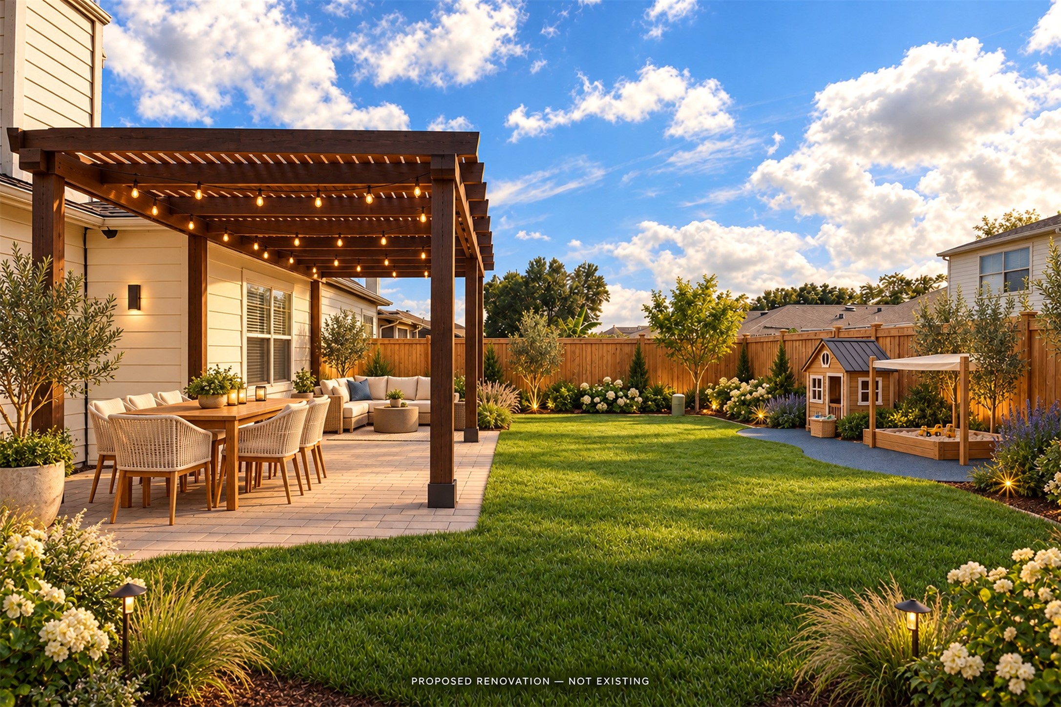 Backyard View - AI Staging
***Property is vacant. Photo digitally enhanced with AI; lighting, color, and ceiling appearance adjusted. ***