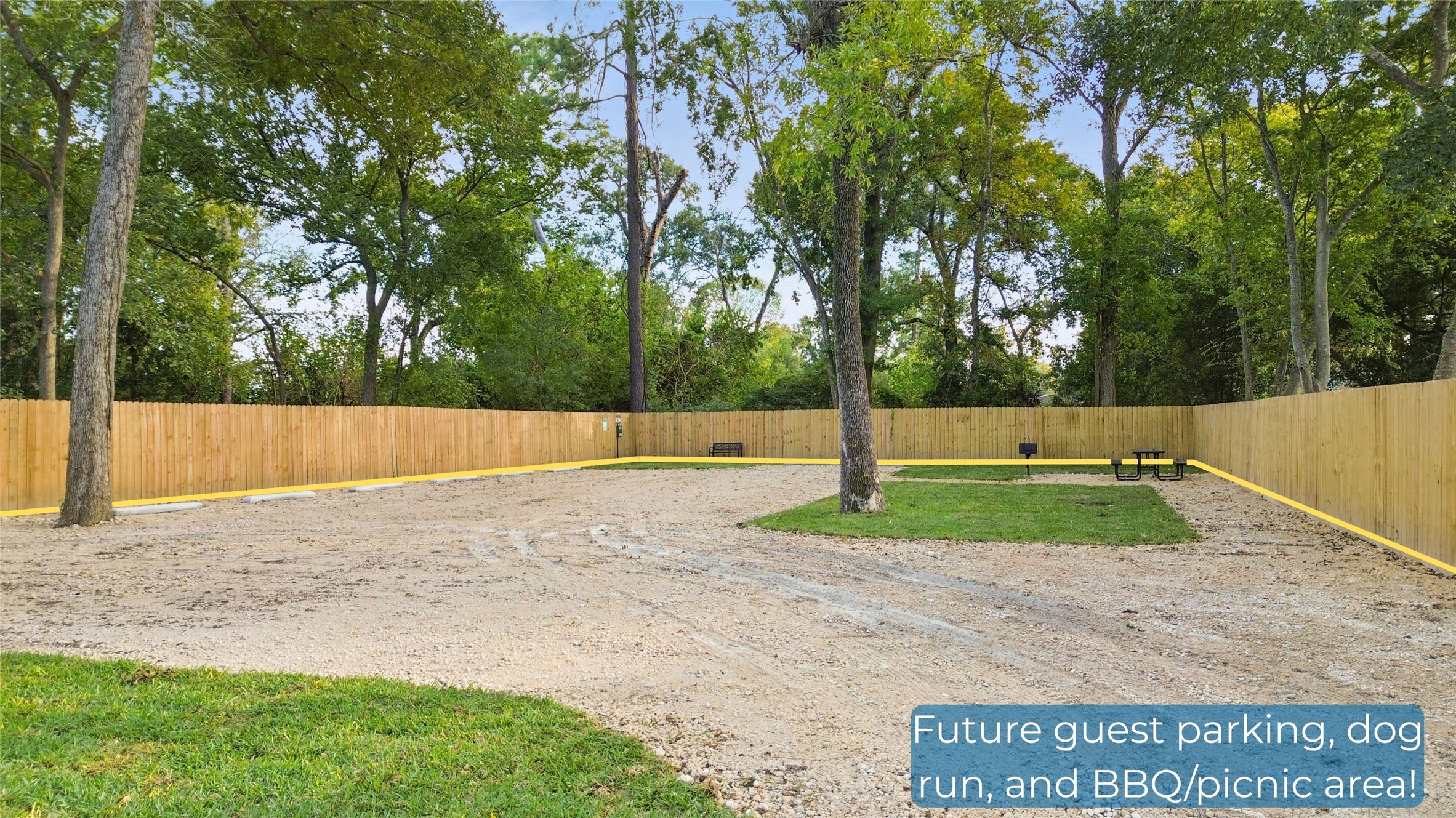 Heres your communitys upcoming amenity space  a fully fenced, tree-shaded area planned for guest parking, a dog run, and a BBQ/picnic zone. It adds even more convenience and outdoor enjoyment right at your doorstep.