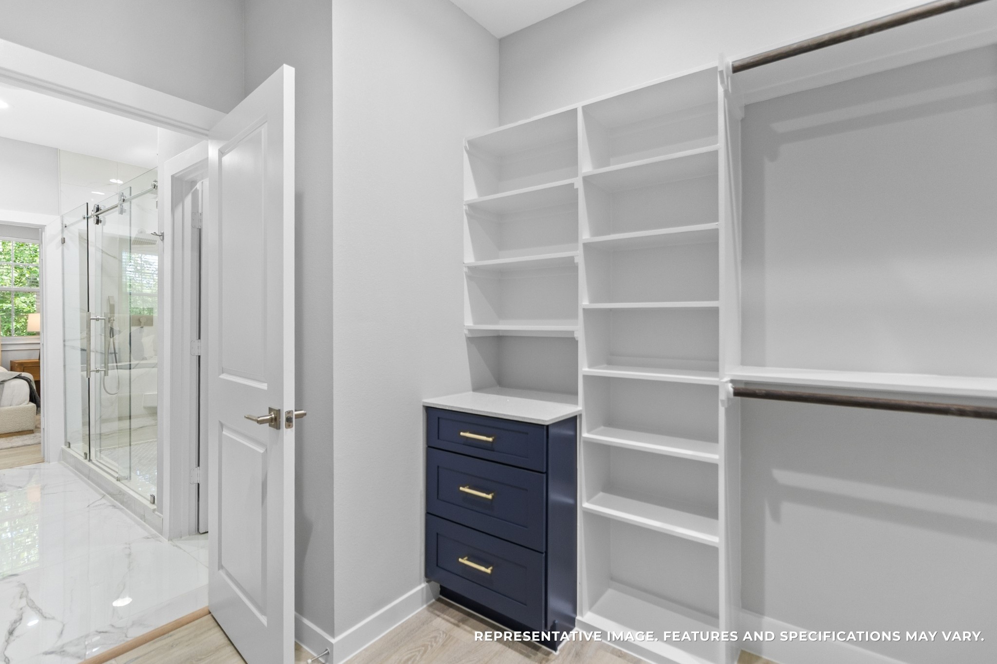 Getting ready feels effortless in your custom-designed closet. Shoes are neatly displayed, folded items stacked to perfection, and those special pieces hang front and center. This space isnt just storageits your personal boutique.