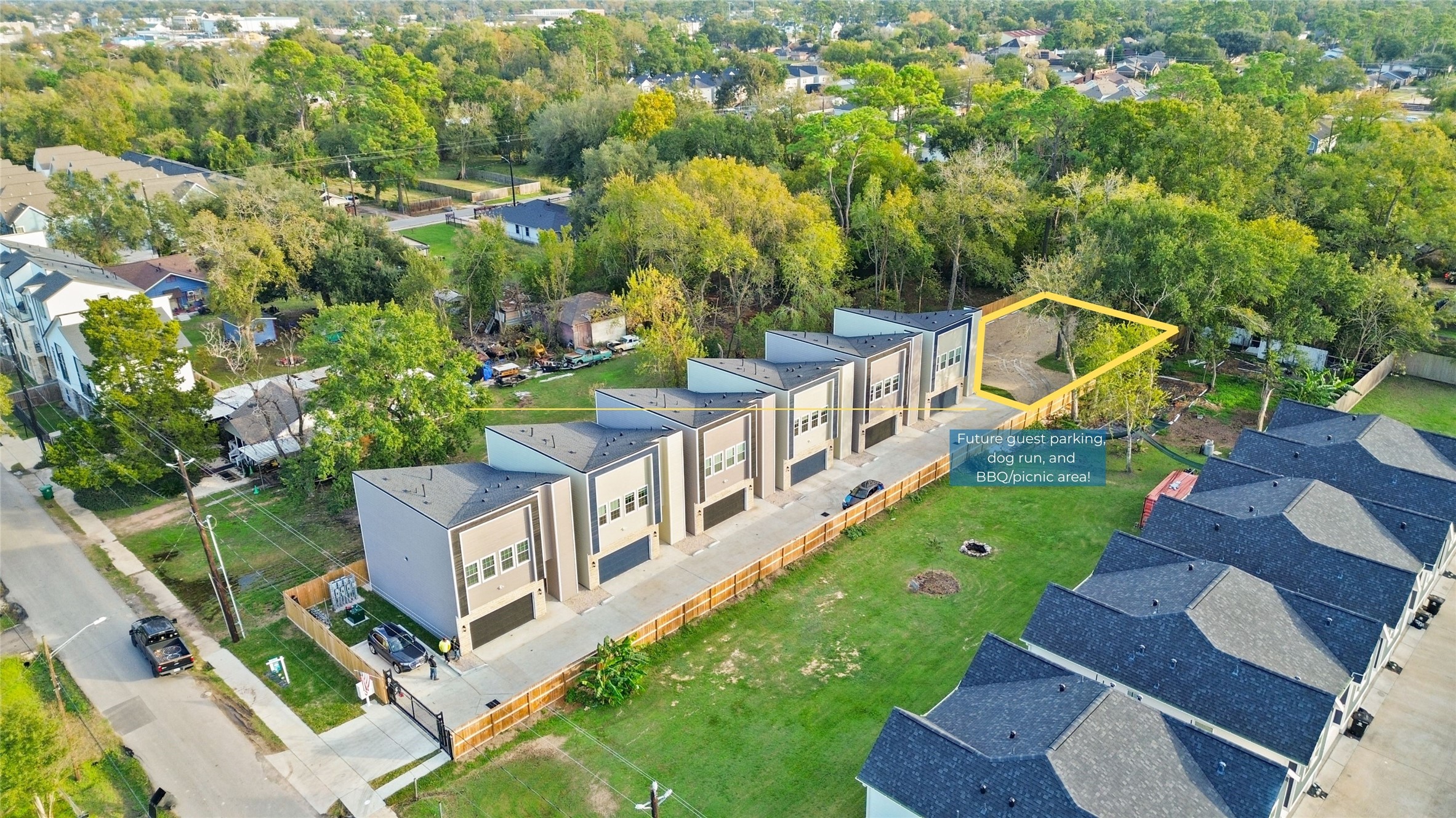 This aerial perspective shows exactly where the new community space will sit in relation to the homes  a quiet, tucked-away corner surrounded by mature trees, creating a peaceful extension of your neighborhood.