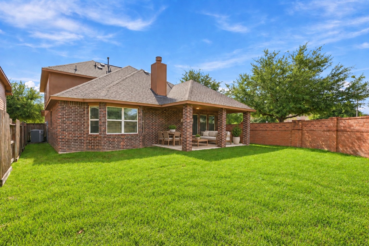 A Beautiful Backyard with Plenty of Room to Enjoy! This view highlights the expansive grassy backyard, privacy fencing, and attractive brick rear elevation. The covered patio provides a wonderful extension of the living space for outdoor dining or relaxing, while the generous lawn gives everyone room to spread out and enjoy the sunshine. *Photo is virtually staged*