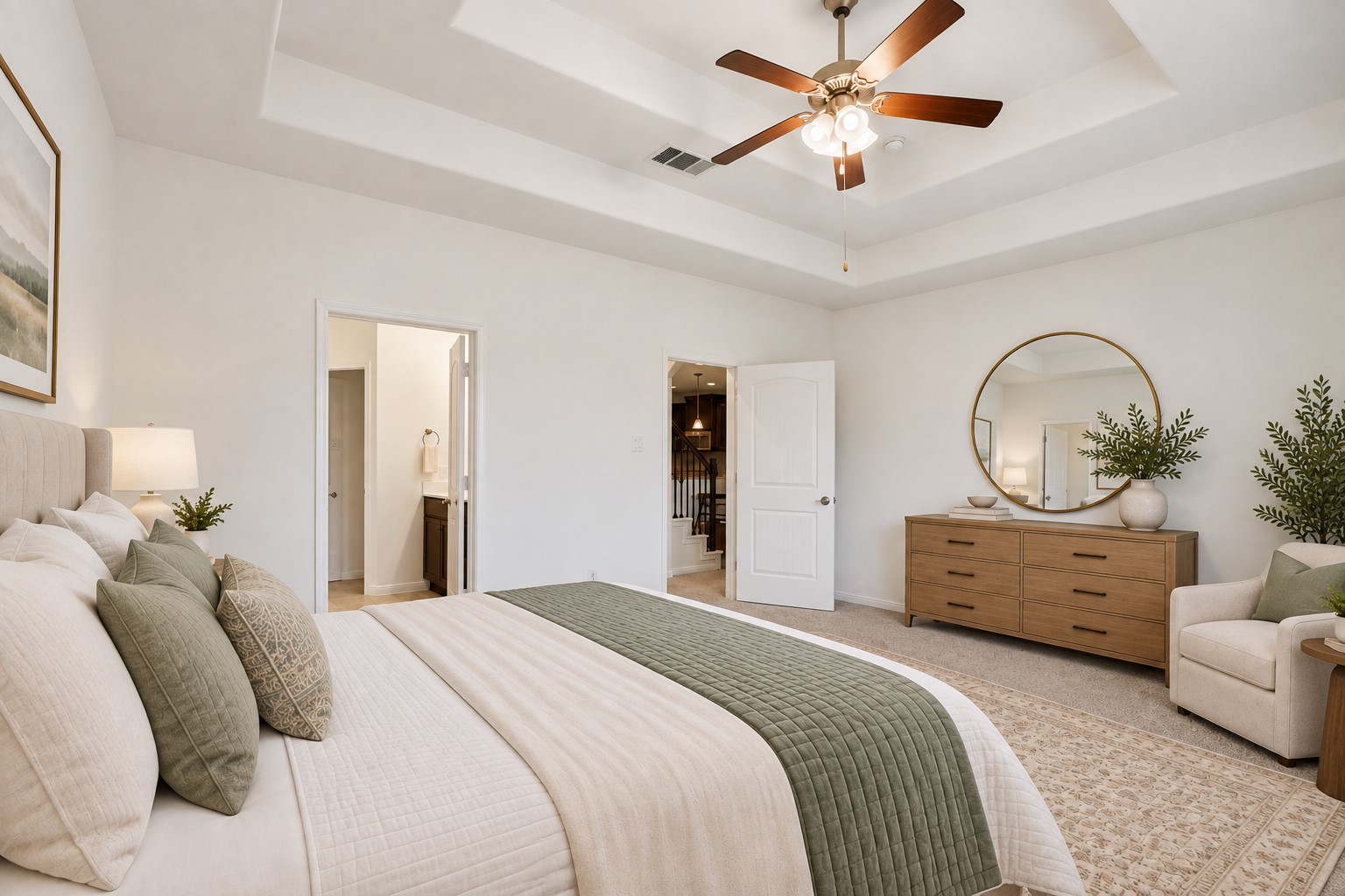 Spacious & Beautifully Inviting! This lovely primary bedroom offers plenty of room, high ceilings, a ceiling fan, and large windows that fill the space with natural light. The neutral finishes create a warm and restful atmosphere, while the elegant French doors lead directly toward the primary bath. *Photo is virtually staged*