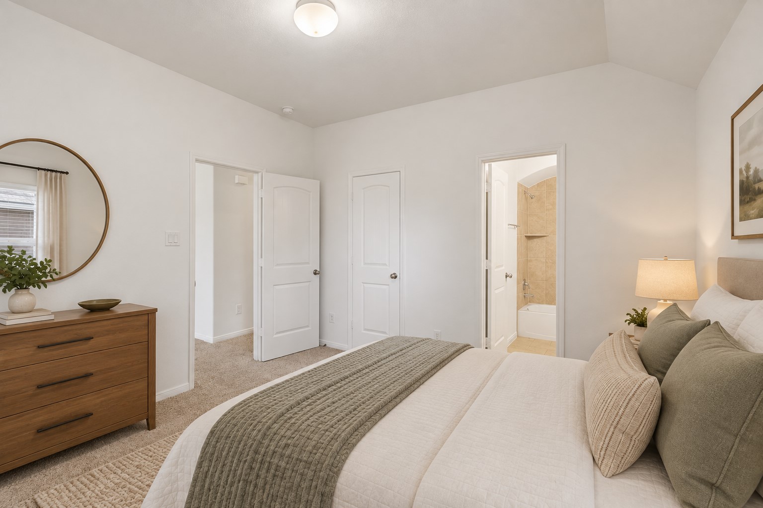 Beautiful Guest Suite with Private Bath! This inviting bedroom offers a comfortable layout, plush carpeting, natural light, and generous space for furnishings. The adjoining private bath makes this a wonderful guest suite, providing visitors with their own comfortable and convenient space while staying in your home. *Photo is virtually staged*