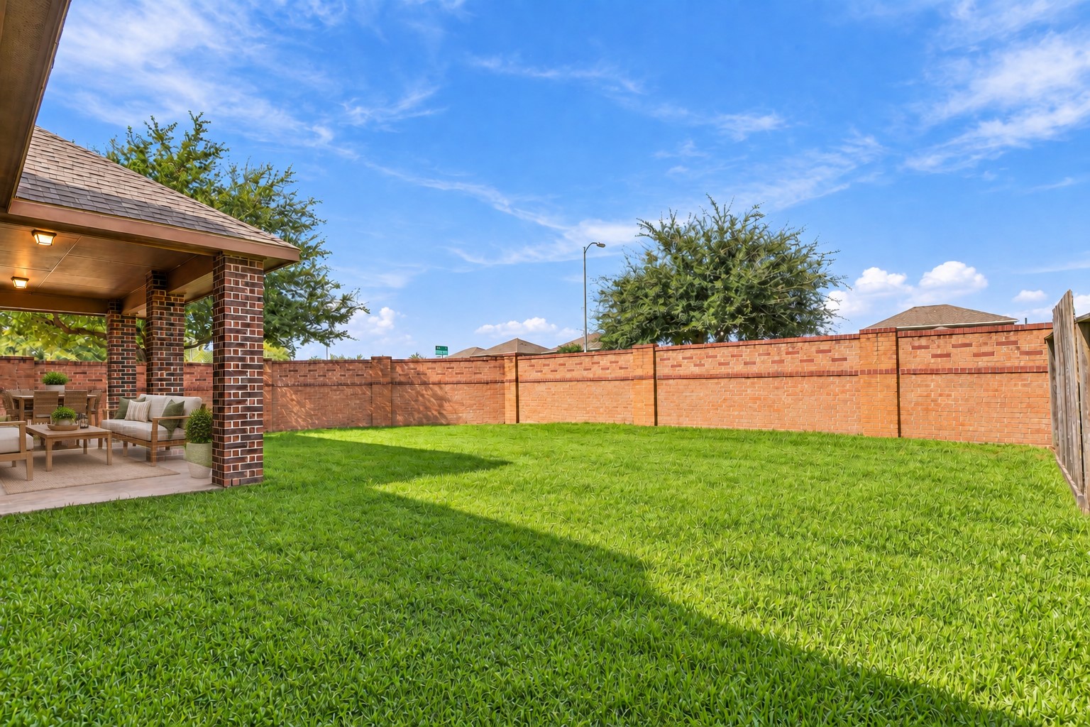 Look at This Beautiful Backyard! The spacious, lush green lawn provides plenty of room to relax, play, or entertain outdoors. The fully fenced yard offers privacy and a wonderful sense of space, while the covered patio creates the perfect spot for enjoying the outdoors in comfort. A lovely private retreat right at home! *Photo is virtually staged*