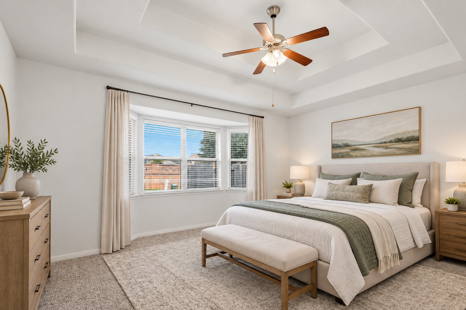 A Peaceful Retreat at the End of the Day! The spacious first-floor primary bedroom offers high ceilings, beautiful natural light, and a wonderfully comfortable layout. Large windows brighten the room, while the neutral finishes create a calm and inviting atmosphere. With a direct access toward the primary bath, this is a lovely place to relax and unwind. *Photo is virtually staged*