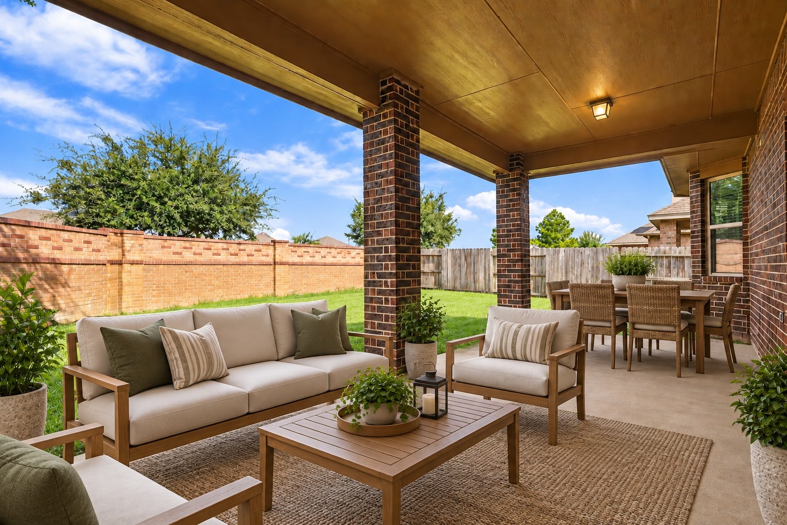 A Wonderful Outdoor Retreat! Now this is a covered patio made for relaxing and entertaining! The spacious covered area provides plenty of room for comfortable seating and outdoor dining, while the brick columns and warm ceiling details add beautiful character. Beyond the patio, the private fenced backyard offers a peaceful setting to enjoy morning coffee, weekend gatherings, or a quiet evening outdoors. *Photo is virtually staged*