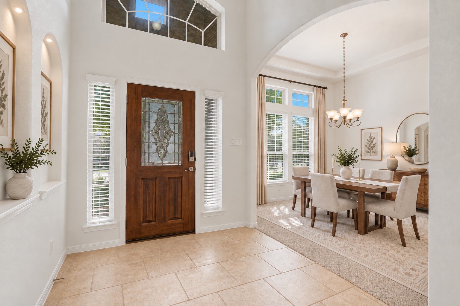 A Beautiful Welcome for Family and Friends! The grand foyer opens beautifully toward the formal dining area, creating an effortless flow for entertaining. Soaring ceilings, elegant arches, beautiful tile flooring, decorative niches, and abundant natural light make this space feel bright and welcoming. A gracious introduction to this wonderful home! *Photo is virtually staged* A Beautiful Welcome for Family and Friends! The grand foyer opens beautifully toward the formal dining area, creating an effortless flow for entertaining. Soaring ceilings, elegant arches, beautiful tile flooring, decorative niches, and abundant natural light make this space feel bright and welcoming. A gracious introduction to this wonderful home! *Photo is virtually staged*