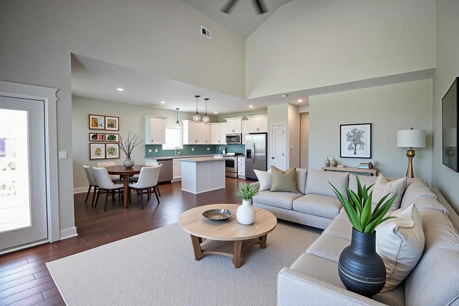 Step inside and immediately experience the grand scale, the entry opens directly into a breathtaking open concept living area anchored by dramatic 16 foot ceilings, bathed in light, this expansive great room offers an airy, unrestricted feel perfect for entertaining or relaxing.