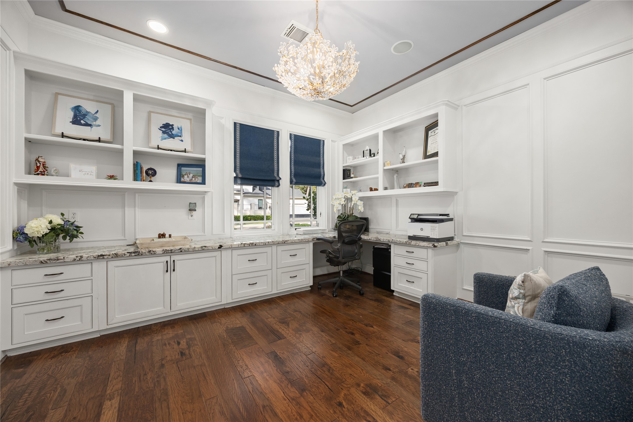 The first floor office is perfect for work or studying and has granite countertops and lots of storage.