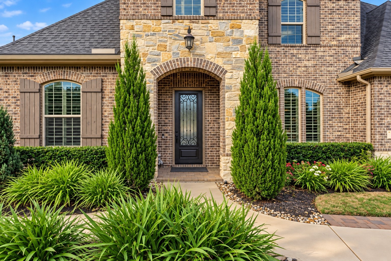 Covered front entrance featuring a stone archway, decorative iron-and-glass door, and inviting landscaping. Covered front entrance featuring a stone archway, decorative iron-and-glass door, and inviting landscaping.