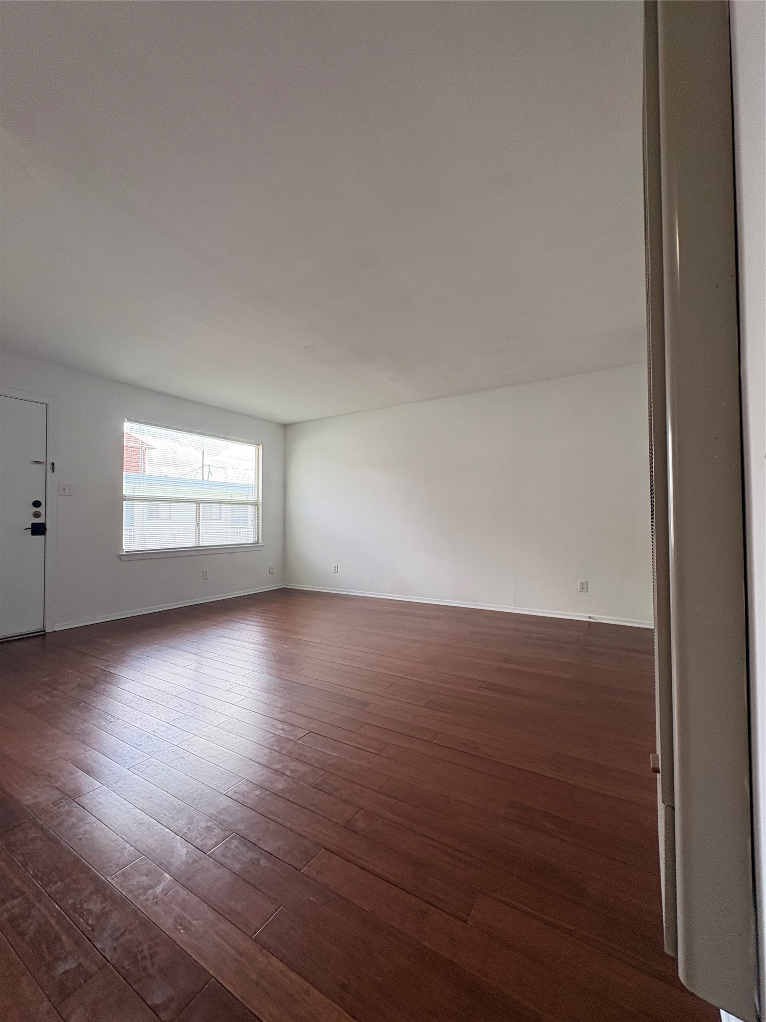Large livingroom space with beautiful neutral engineered wood floors.